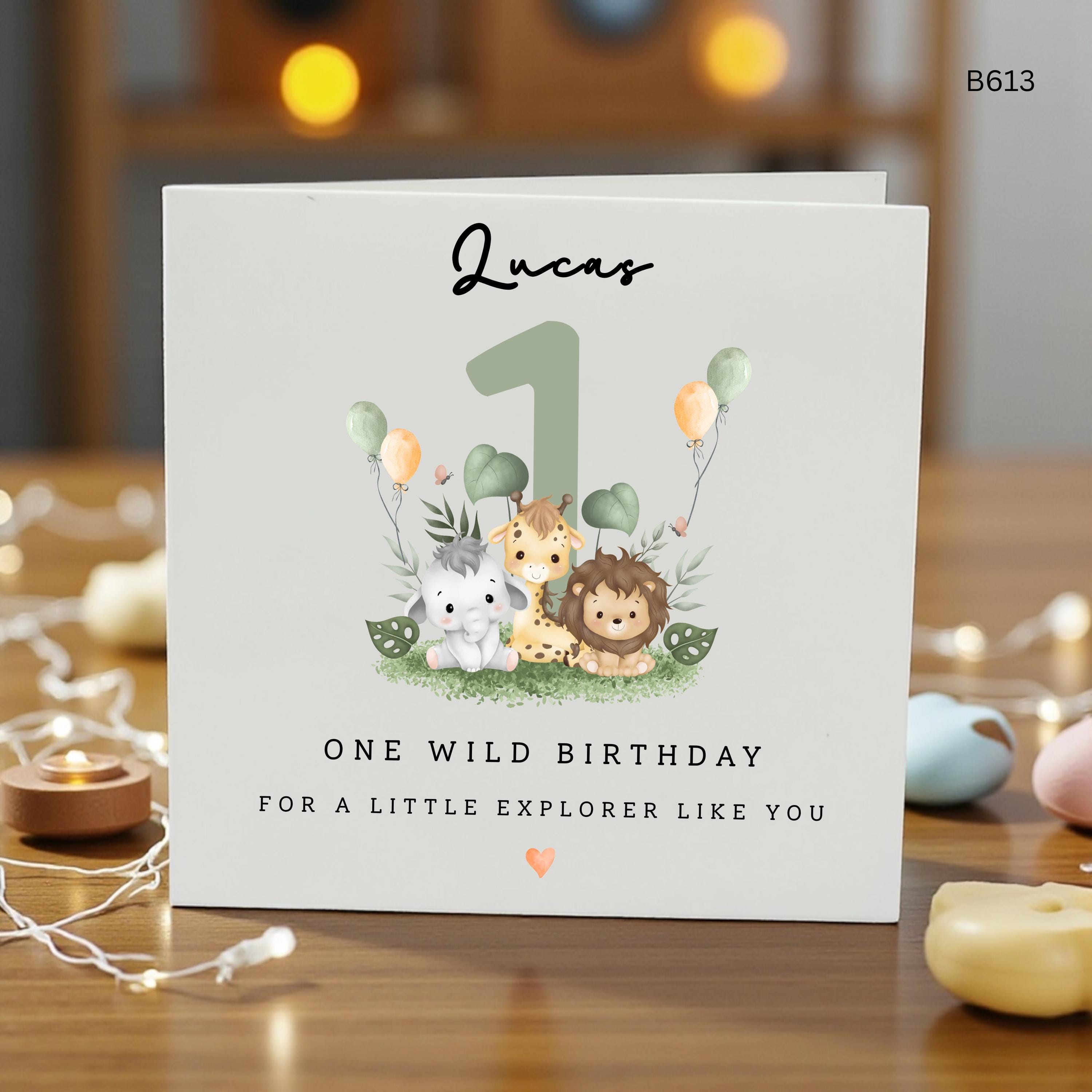 Personalised 1st Birthday Card Boy, Safari Animal Birthday Card, First Birthday Card, Jungle Birthday Card, Custom Name Age 1 Card, Wild One