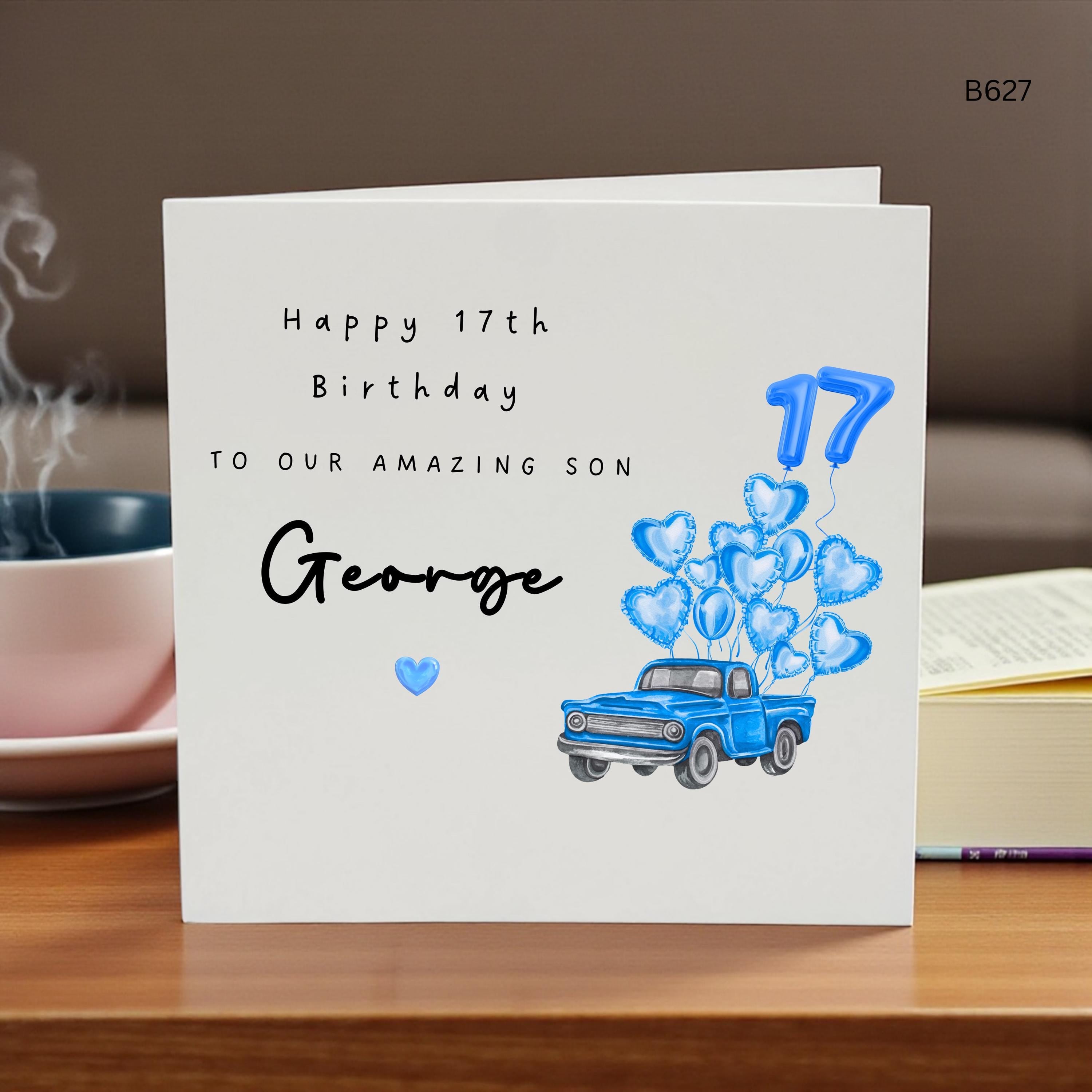 Personalised 17th Birthday Card for Son, Custom Name 17th Birthday Card, Blue Truck Balloon Birthday Card, Teenage Son Birthday Gift