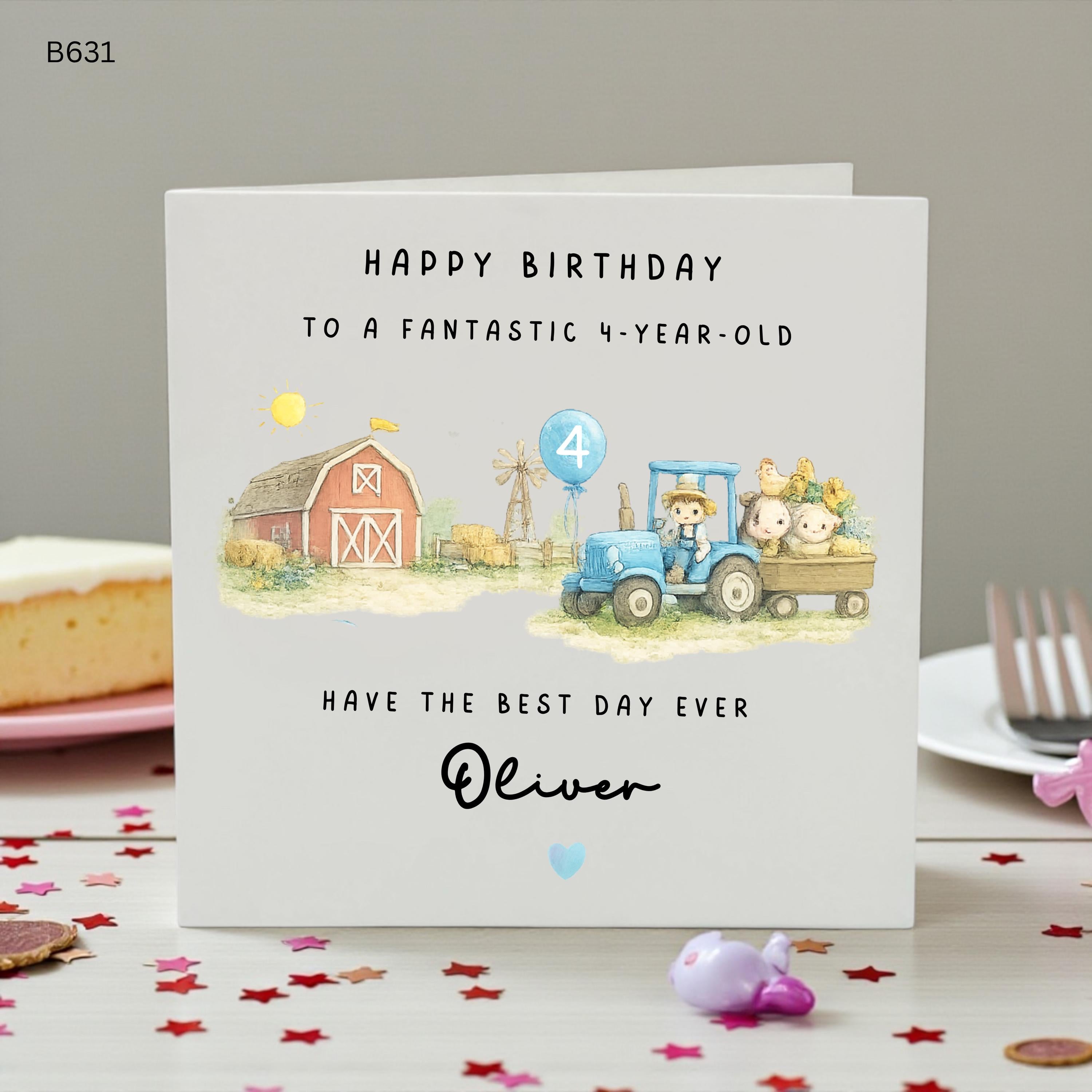 Personalised 4th Birthday Card for Boy, Farm Animal Birthday Card, Tractor Birthday Card, 4 Year Old Birthday Card, Custom Name Card