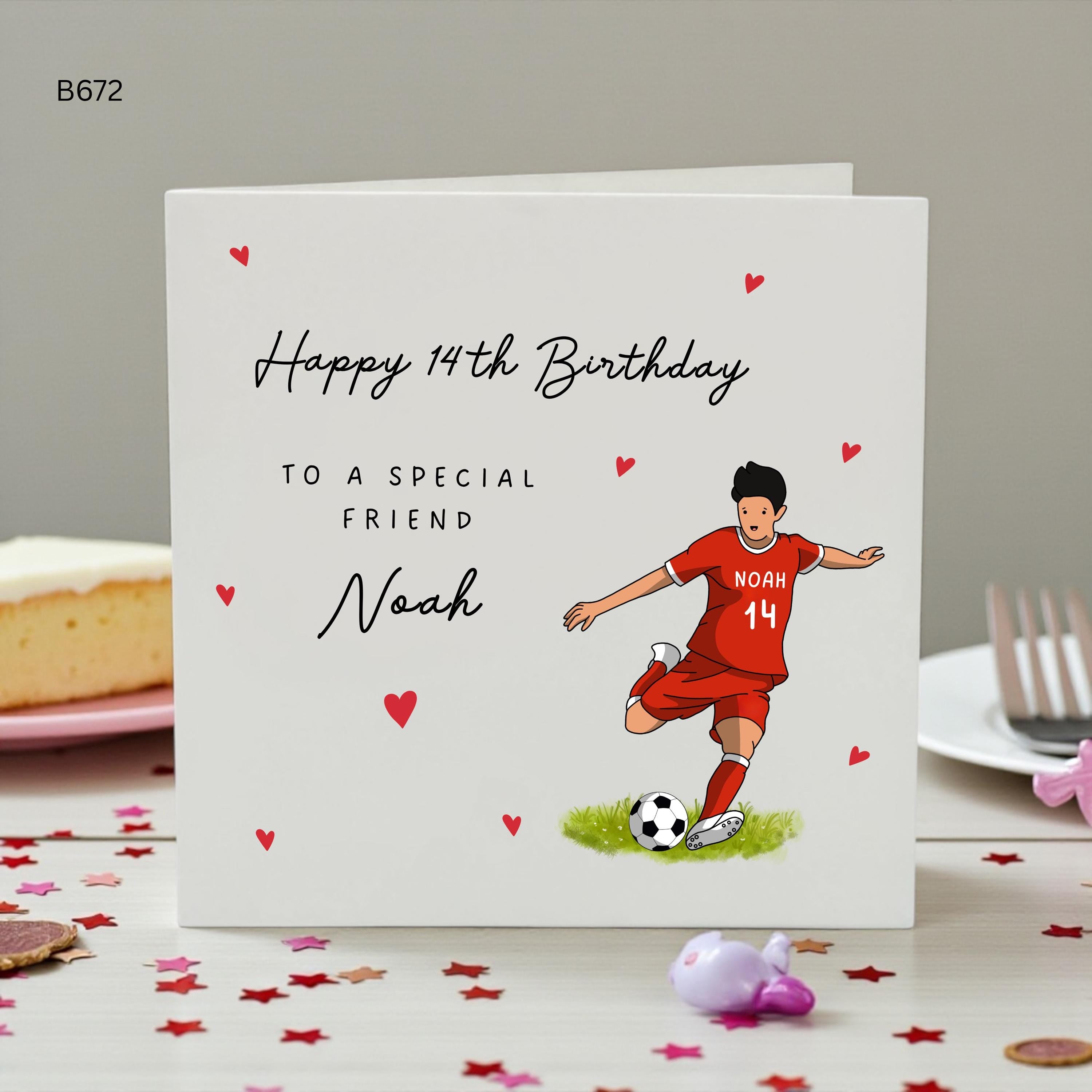Personalised 14th Birthday Card for Friend, Football Birthday Card for Teen Boy, Custom Name Soccer Birthday Card, Happy 14th Birthday Gift