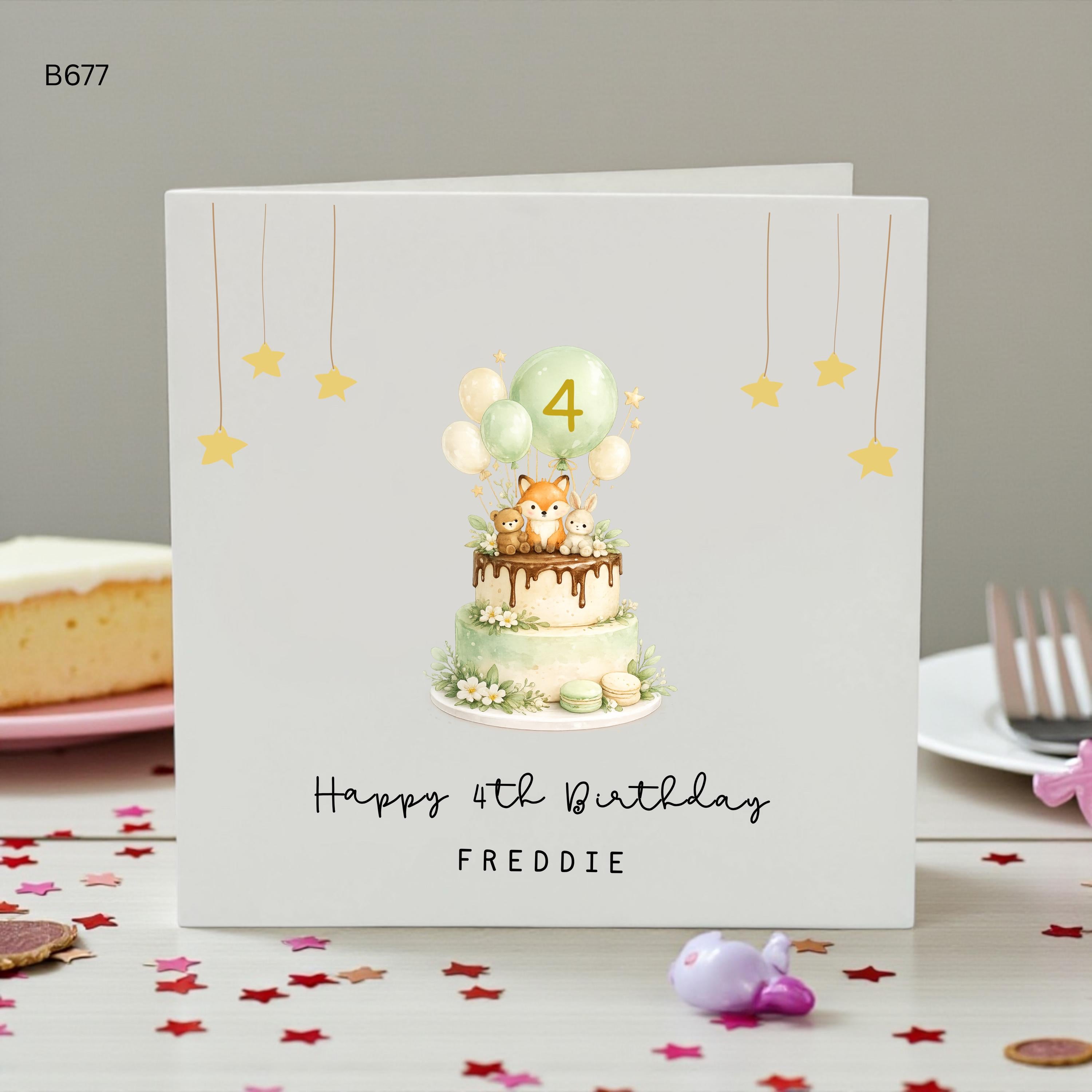 Personalised 4th Birthday Card for Boy, Woodland Animal Birthday , Fox Cake Birthday Card, Custom Name Age 4, Son Grandson Nephew Birthday