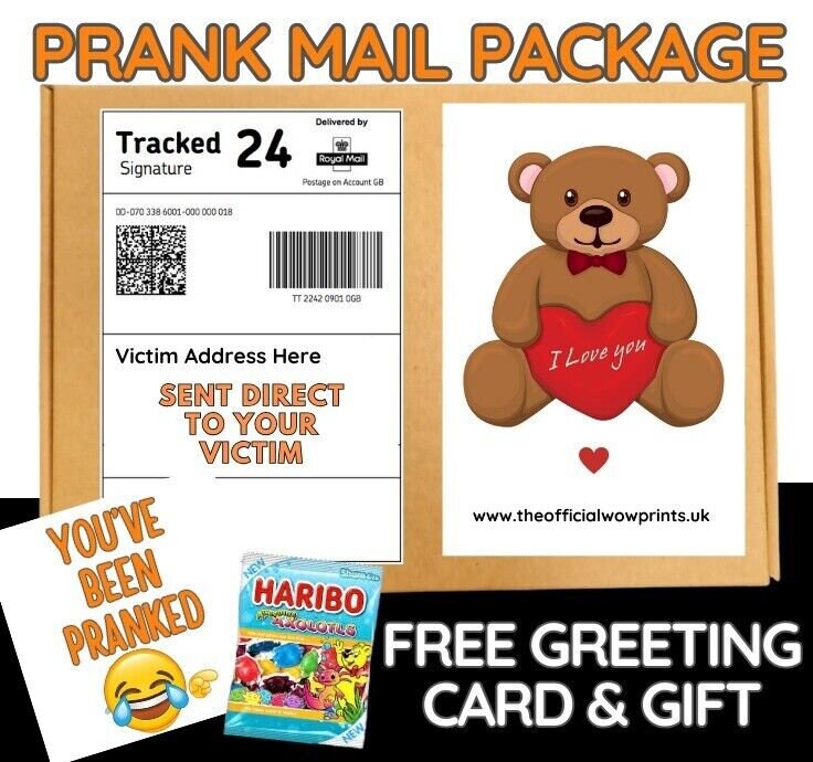 Prank Funny Post PRANK MAIL PACKAGE Joke Birthday free sweets card shock