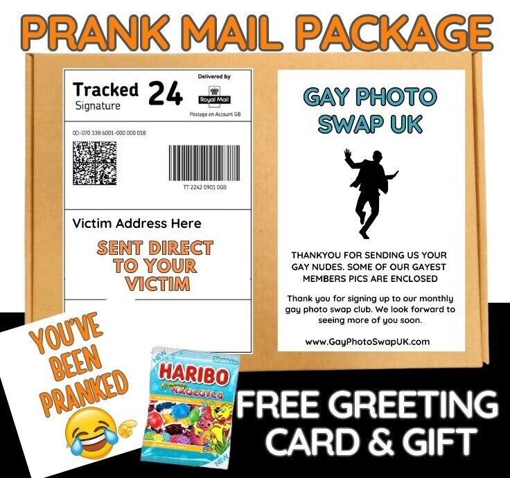 Prank Funny Post Gay Photo swap Uk Adult Joke Birthday free sweets card shock