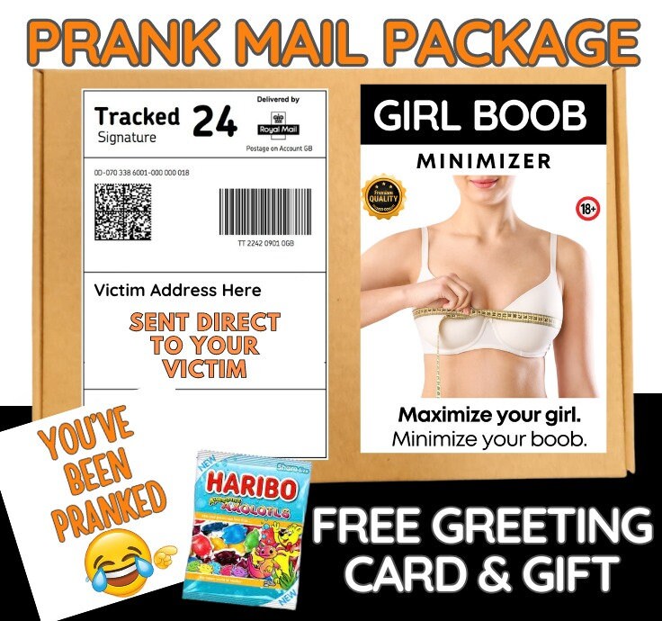 Prank Mail Package -girl BOO B minimizer ,sent directly to Victim by Post -  Postal Gift Funny Gag Embarrassing