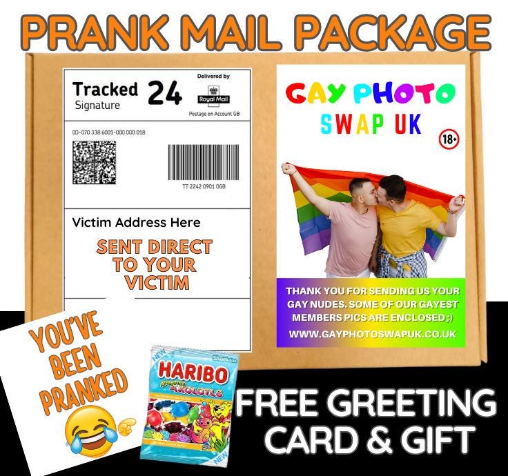 Prank Mail Package -Ga y photo swap uk sent directly to Victim by Post - Adult Joke Parcel Birthday Postal Gift Funny Gag Embarrassing