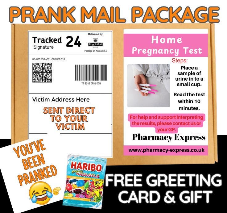 Prank Mail Package -home pregrency test sent directly to Victim by Post - Adult Joke Parcel Birthday Postal Gift Funny Gag Embarrassing