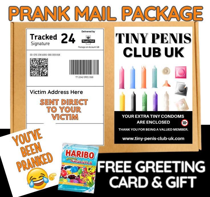 Prank Mail Package -tiny peni s club sent directly to Victim by Post - Adult Joke Parcel Birthday Postal Gift Funny Gag Embarrassing