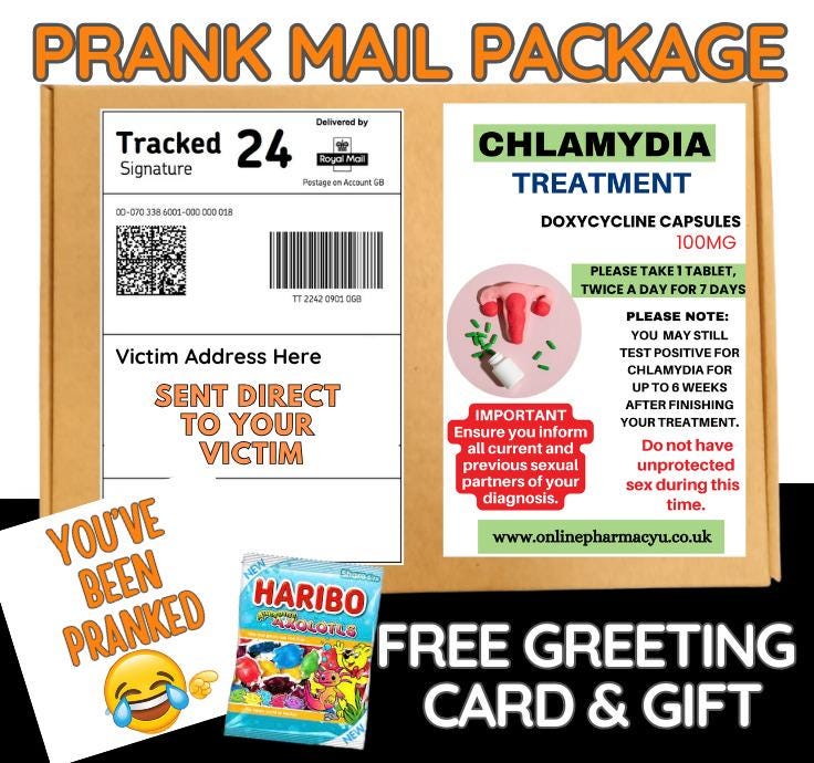 Prank Mail Package -chlamydia treatment sent directly to Victim by Post - Adult Joke Parcel Birthday Postal Gift Funny Gag Embarrassing
