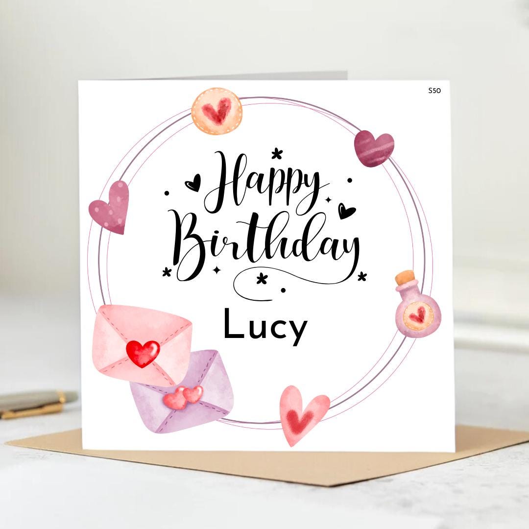 Personalized Happy Birthday Card – Lucy, Whimsical Birthday Card for Girls – Heart Mail Design – Personalized with Name 6x6