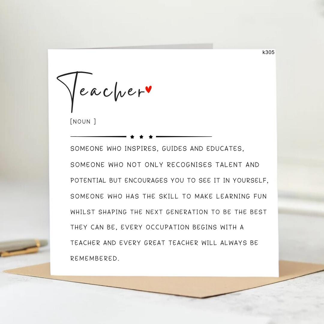 Teacher Card, Teacher Definition, Teacher Thank You Card, End Of Term Card, Thank You Teacher Cards, Best Teacher Gift, End Of School 6x6