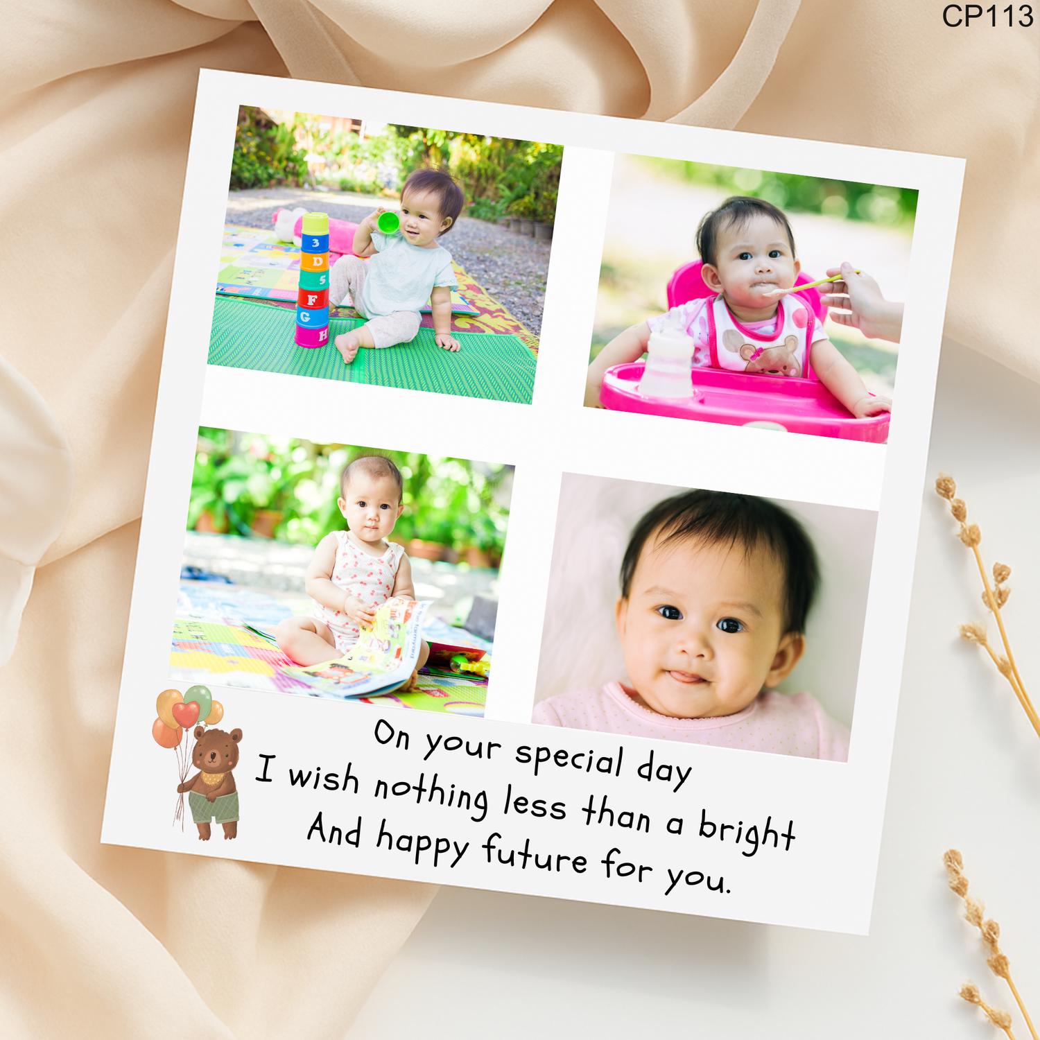 Personalized Baby Photo Card: Adorable Bear Design, Special Day Wishes