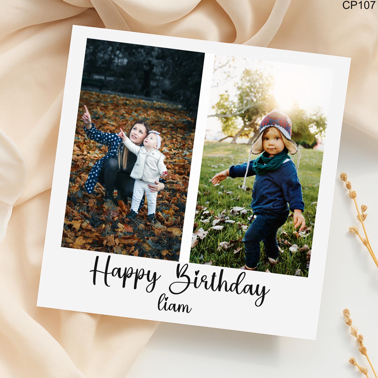 Personalised Photo Birthday Card for Boys, Custom Kids Birthday Card with 2 Photos & Name, Modern Minimal Photo Card 6x6