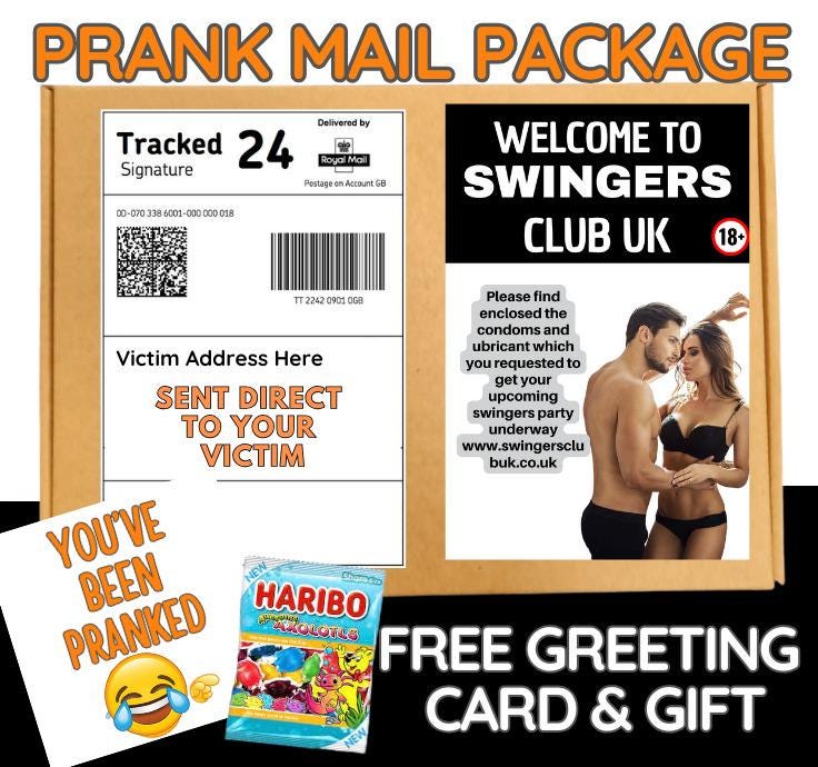 Swingers Club UK Prank Mail – Funny Adult Gag Gift Sent to Victim – Naughty Joke Package with Free Gift & Greeting Card
