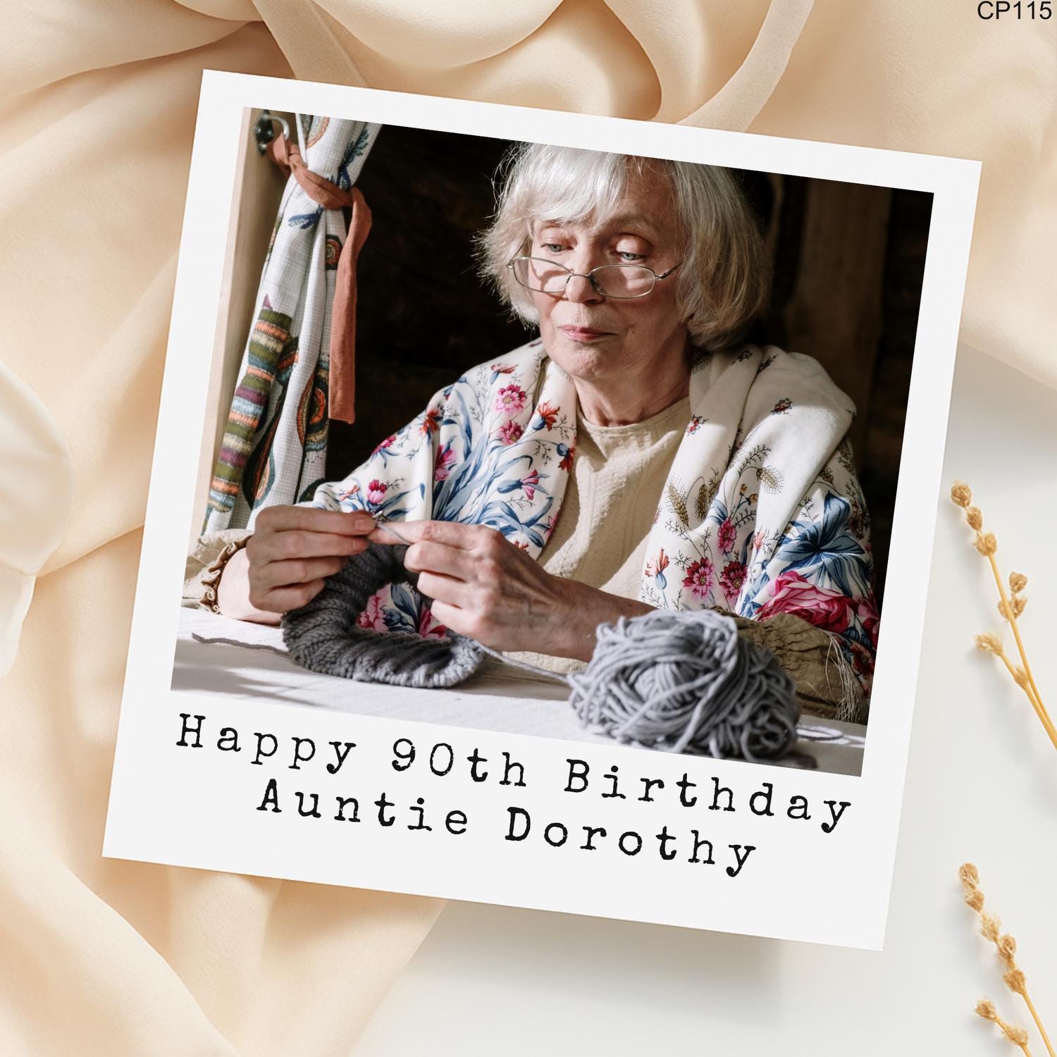 Personalized 90th Birthday Photo Card for Auntie Dorothy-Handmade Vintage Style Knitting Theme Birthday Greeting