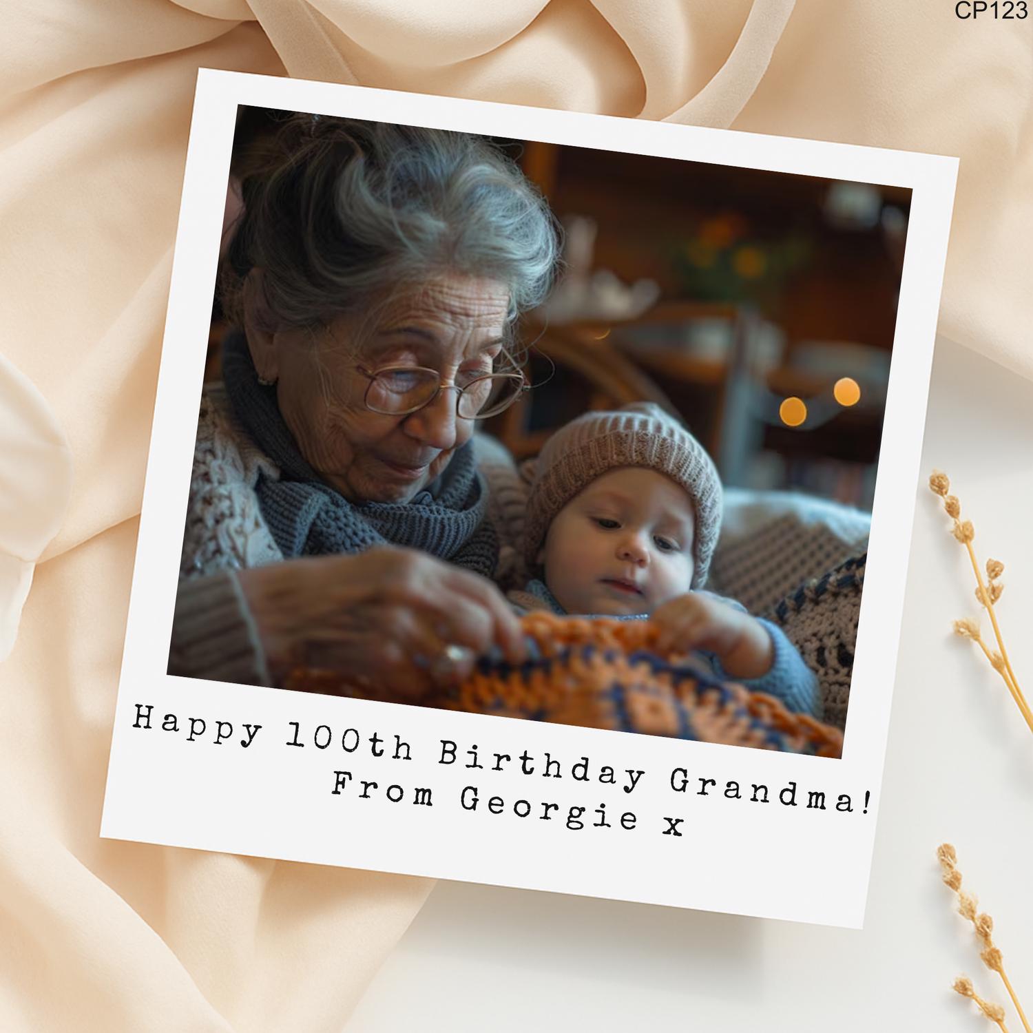 Personalized Grandma 100th Birthday Photo Card: Vintage Knitting Theme