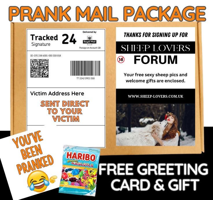 Funny Prank Mail Package: Gag Gift Box with Candy & Card