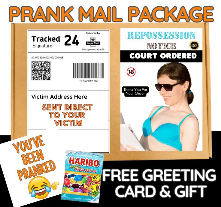 Funny Prank Mail Package: Repossession Notice with Gag Gift & Card