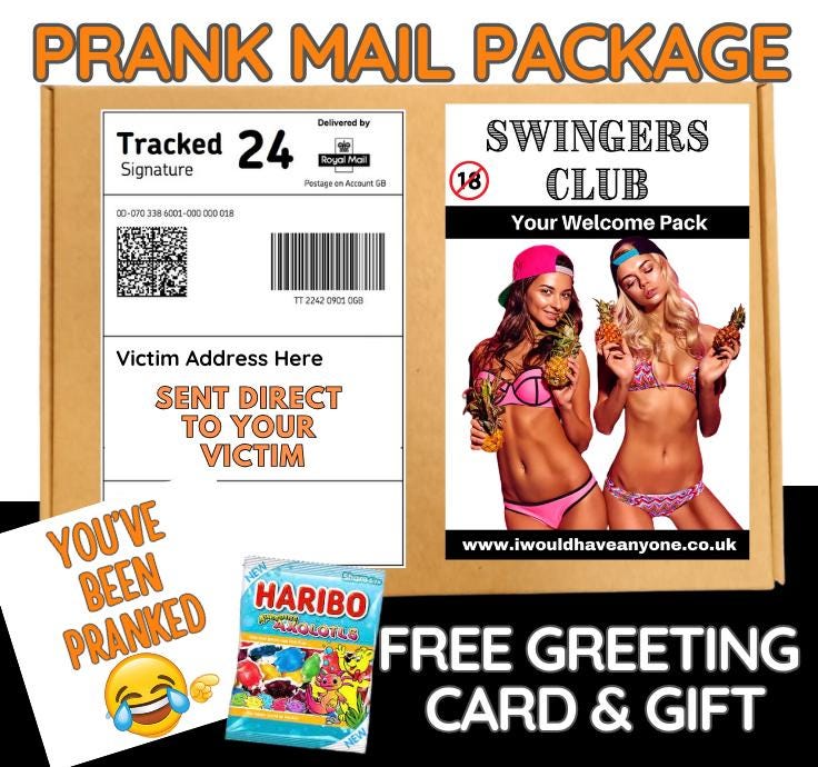 Funny Swingers Club Prank Mail Package - Hilarious Adult Gag Gift with Free Greeting Card & Candy