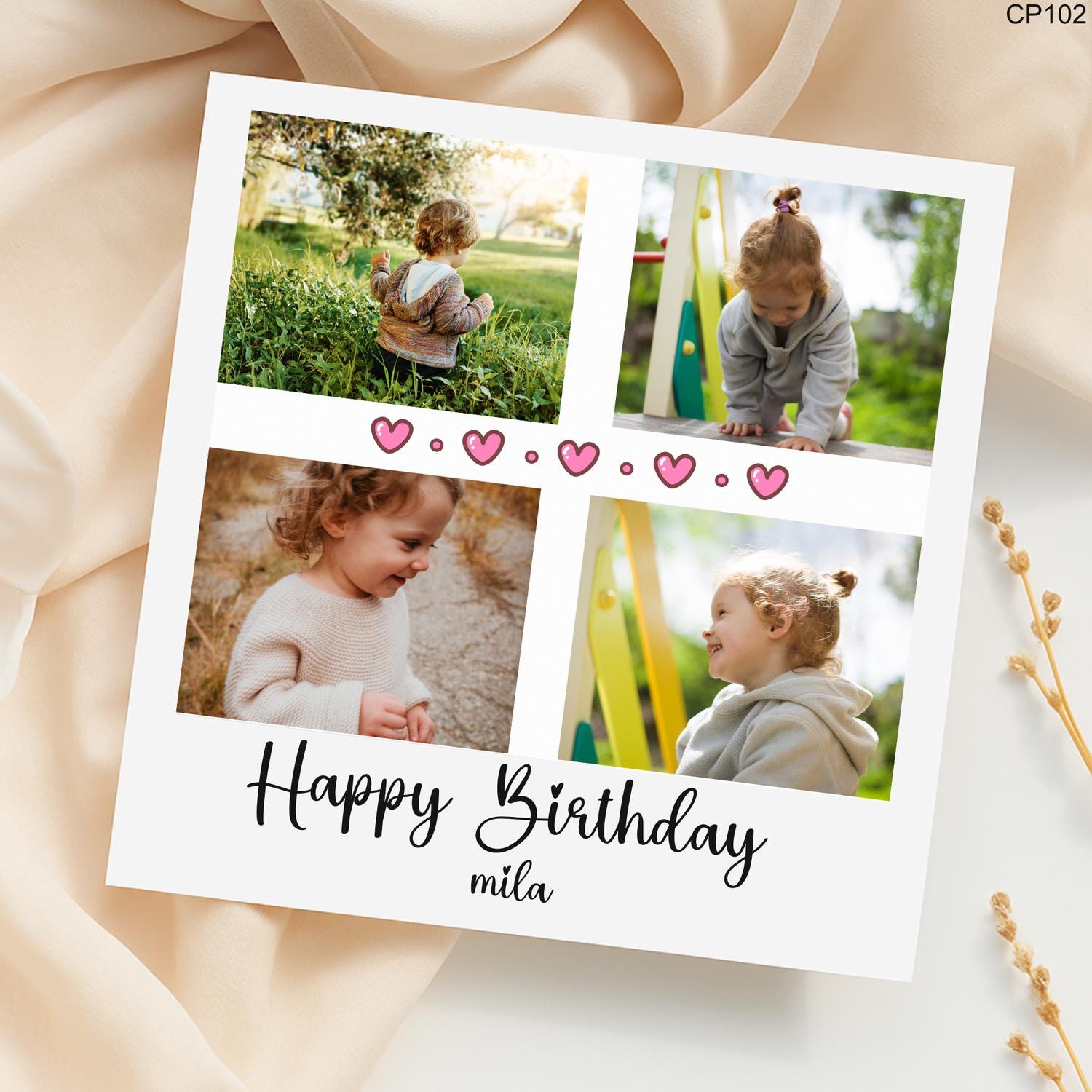 Personalised Kids Photo Birthday Card, Custom Collage Birthday Card with 4 Photos & Name, Modern Children’s Birthday Card 6x6