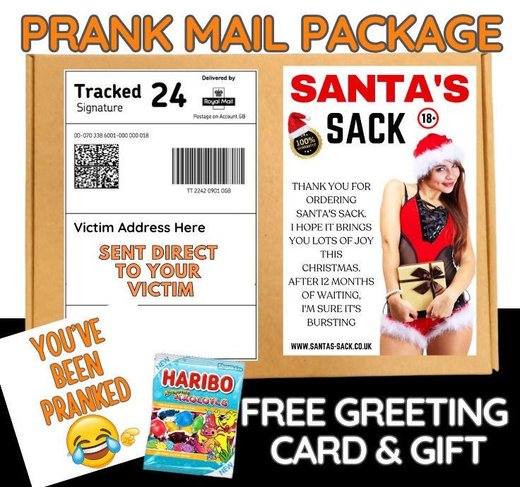Naughty Santa's Sack Fake Delivery – Funny Christmas Prank Gift, Rude Adult Gag Mail Sent to Friends w/ Candy & Joke Card