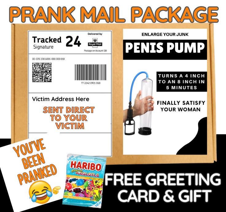 Prank Mail Package-Hilarious Penis Pump Joke Gift-Funny Surprise Mail with Free Greeting Card,Candy-Perfect Gag Gift for Friends & Adults