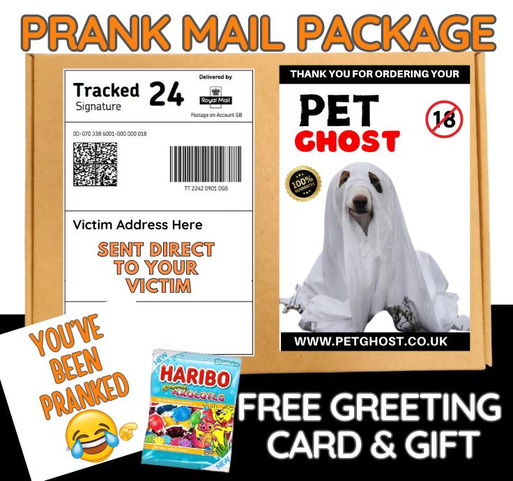 Pet Ghost Prank Mail Package: Funny Gag Gift Box with Candy & Card
