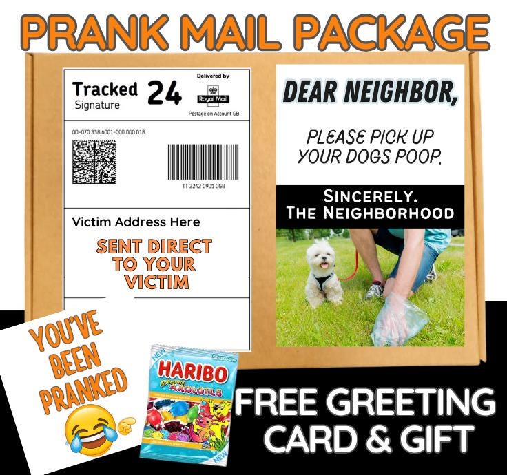 Hilarious Prank Mail Package: Dog Poop Reminder Card & Candy Gift