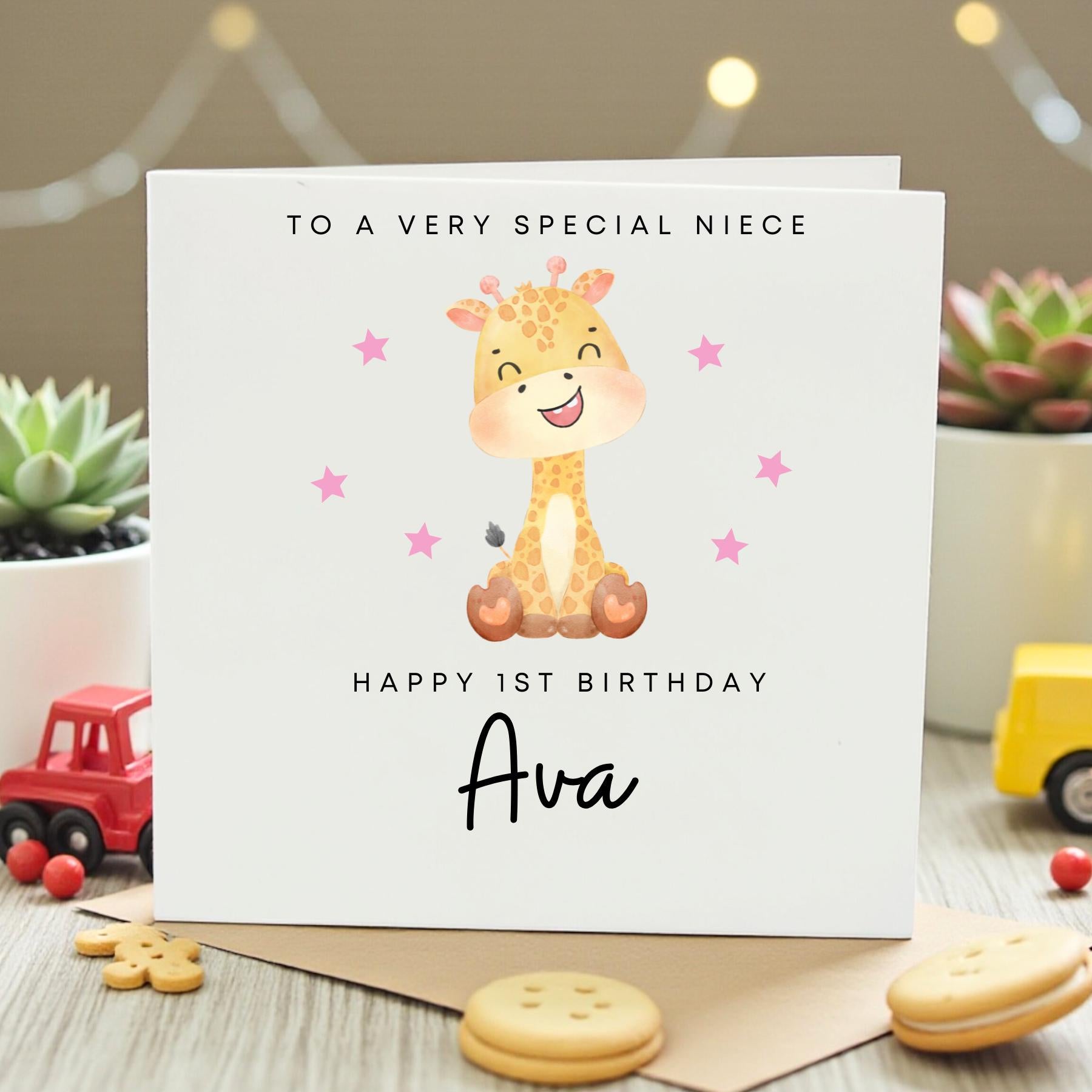 Personalised 1st Birthday Card for Niece, Cute Giraffe First Birthday Card with Name, Baby Girl One Birthday Card