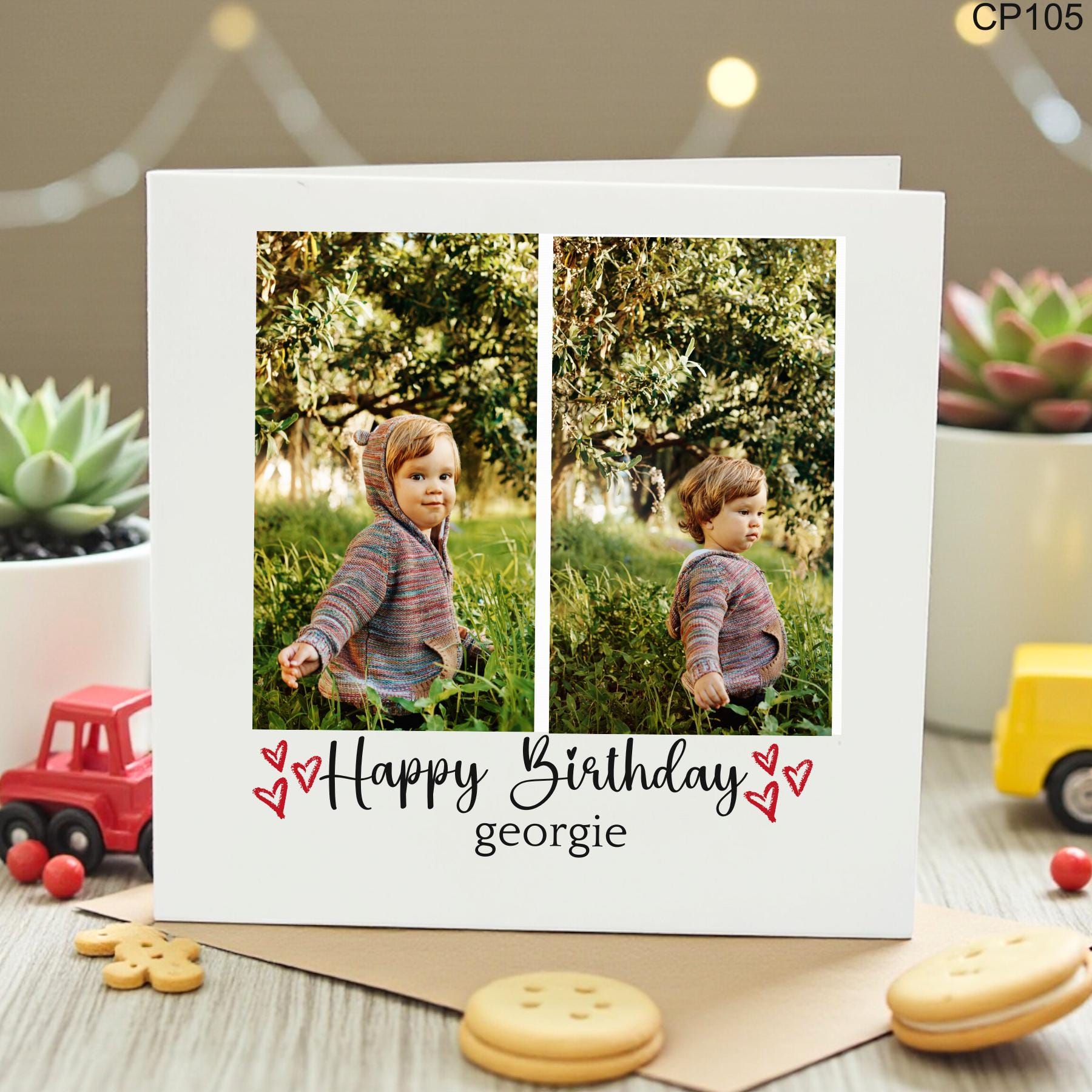 Personalised Photo Birthday Card for Child, Custom Kids Birthday Card with 2 Photos & Name, Cute Memory Keepsake Card 6x6