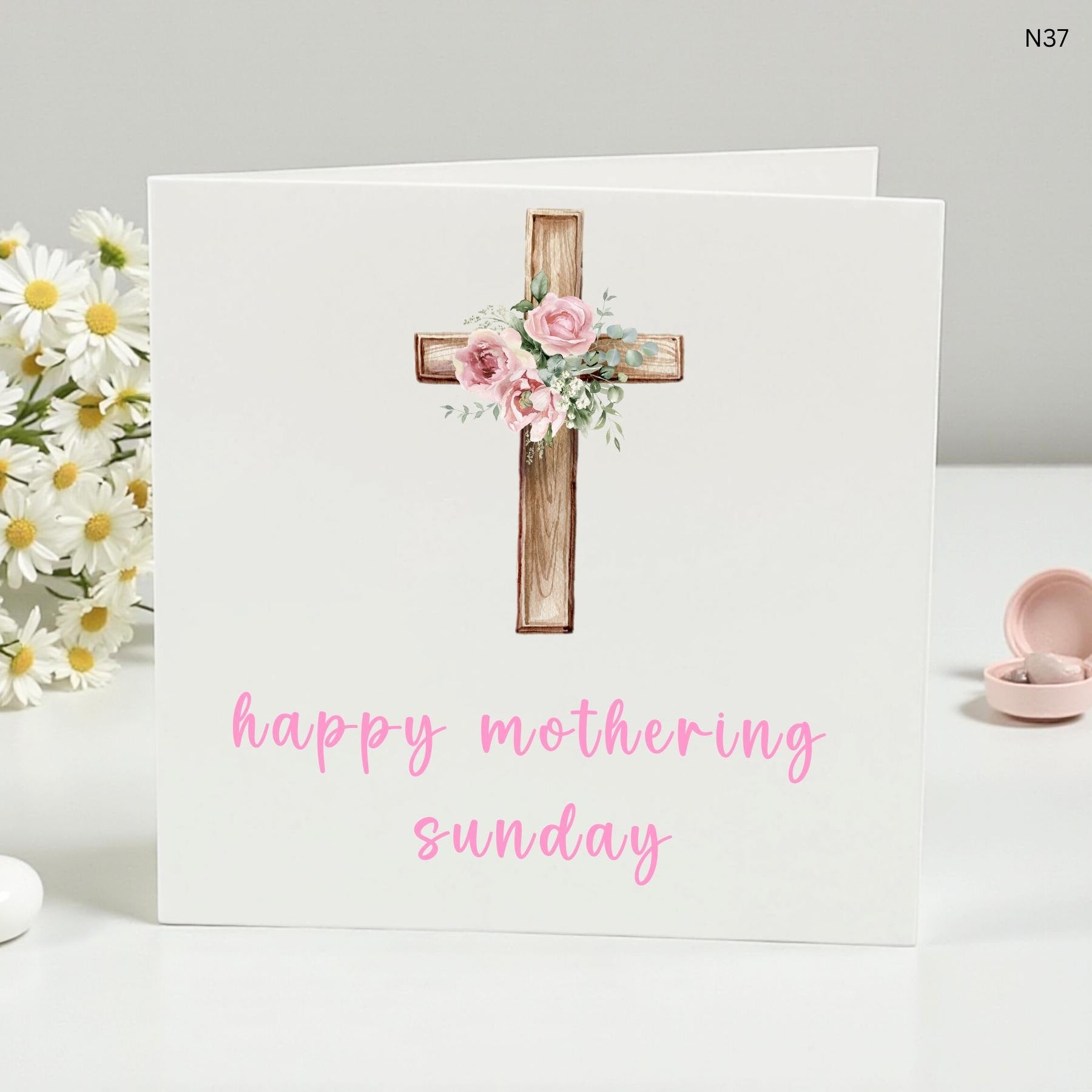 Happy Mothering Sunday Cross Floral, Religious Gift for Mum, Handcrafted, Elegant and Unique Design, Perfect for Mum, Customizable Greeting"