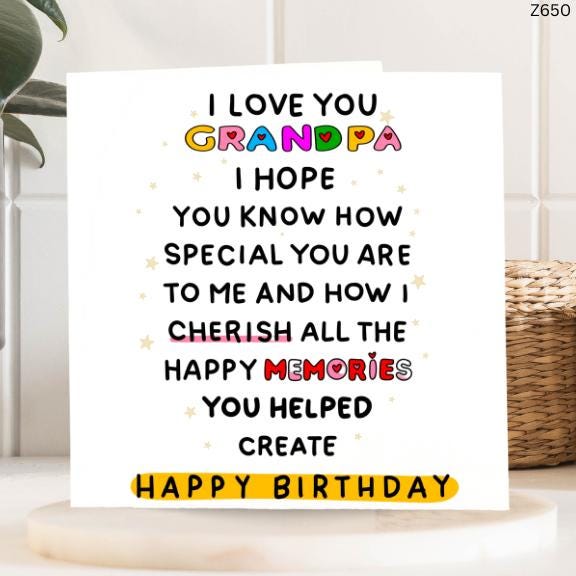 I Love You Grandpa, Special Grandpa Birthday Card, Cherishing Memories, Grandpa's Birthday, Grandparent Gift, Personalized Grandpa Card