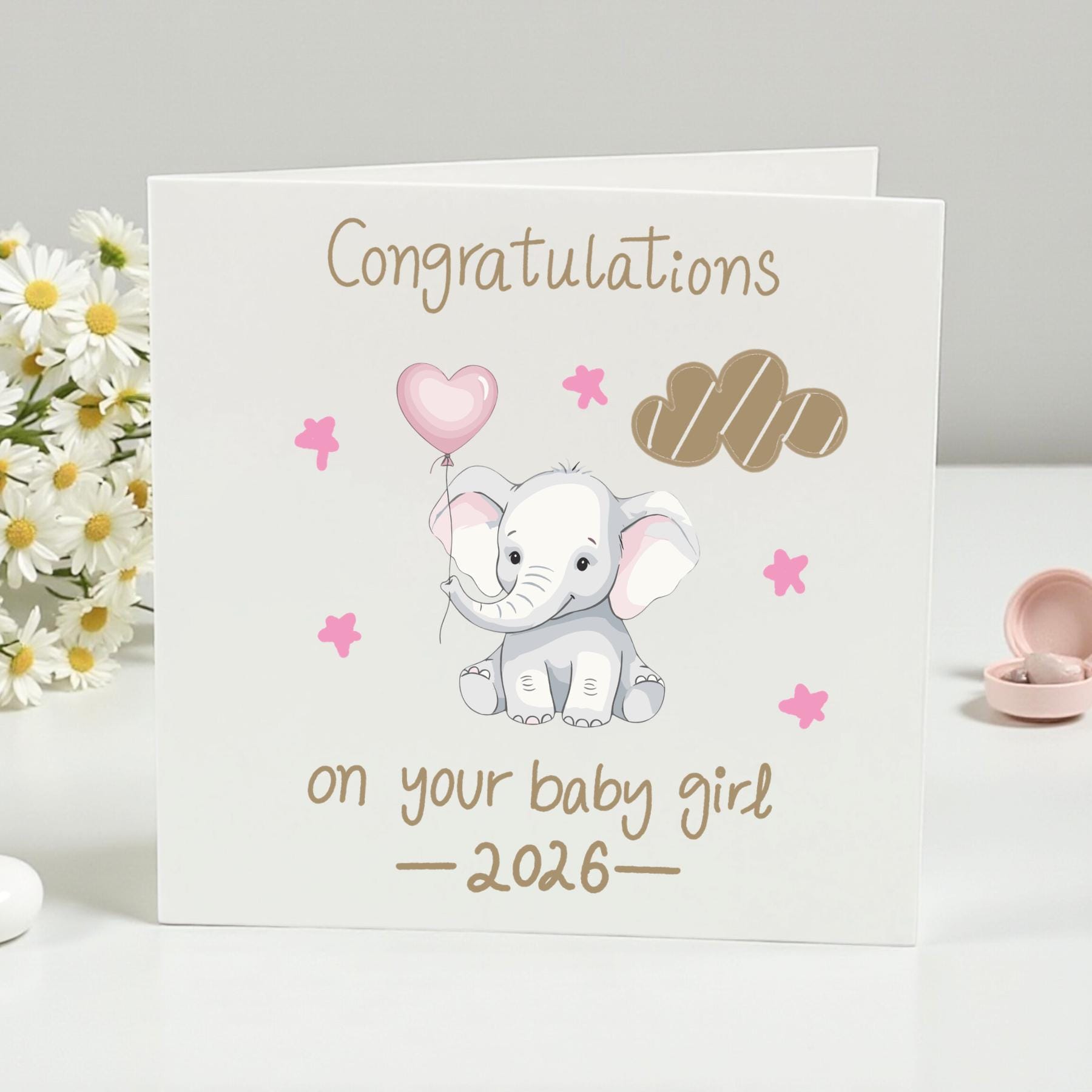 Congratulations on Your Baby Girl Card Cute Elephant Balloon Newborn Girl Greeting Card Personalized 6x6 Blank Inside Shower Gift Card