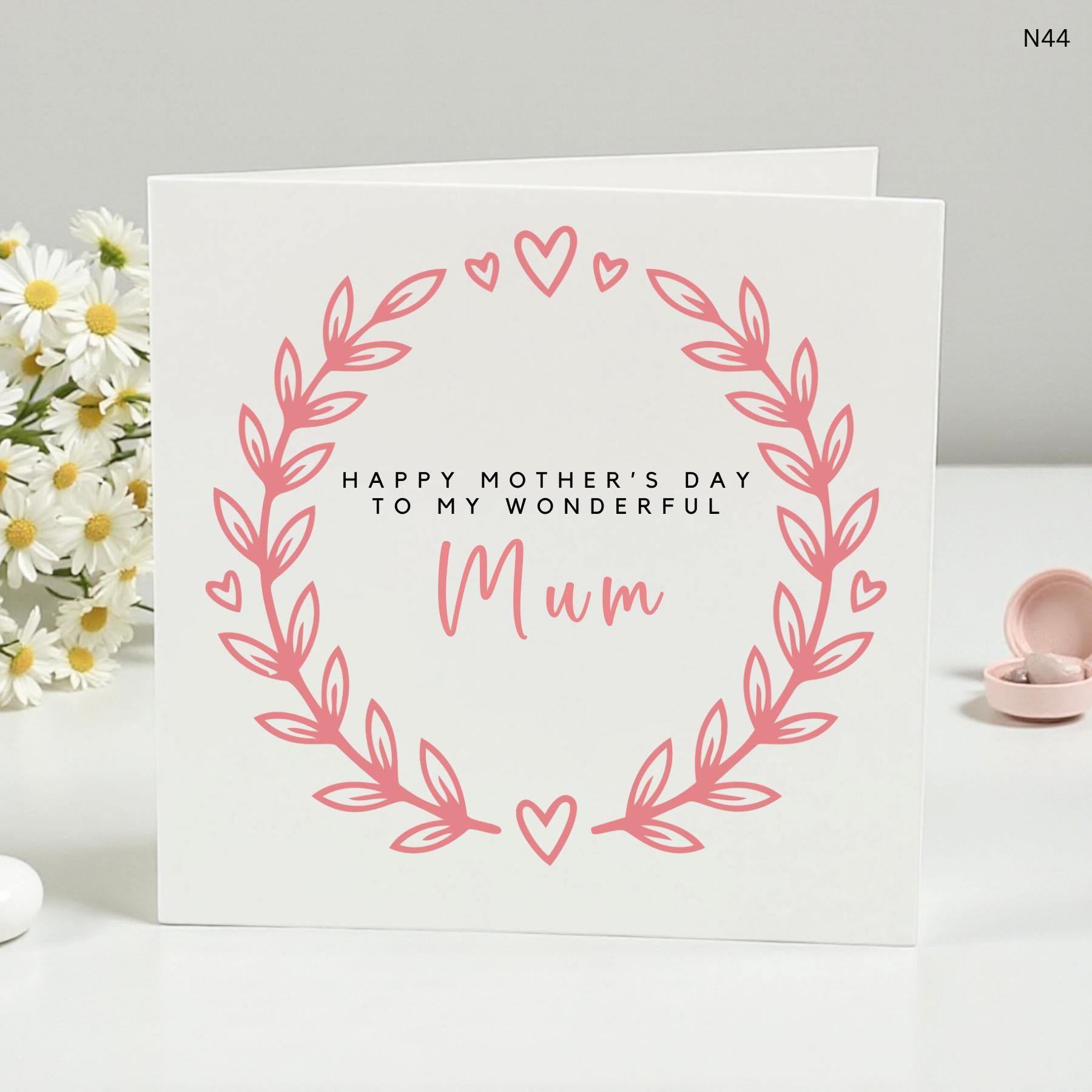 Happy Mother's Day to My Wonderful Mum, Floral Heart Wreath Greeting Card, Elegant and Handcrafted, Perfect Mum, Personalized Gift for Her"