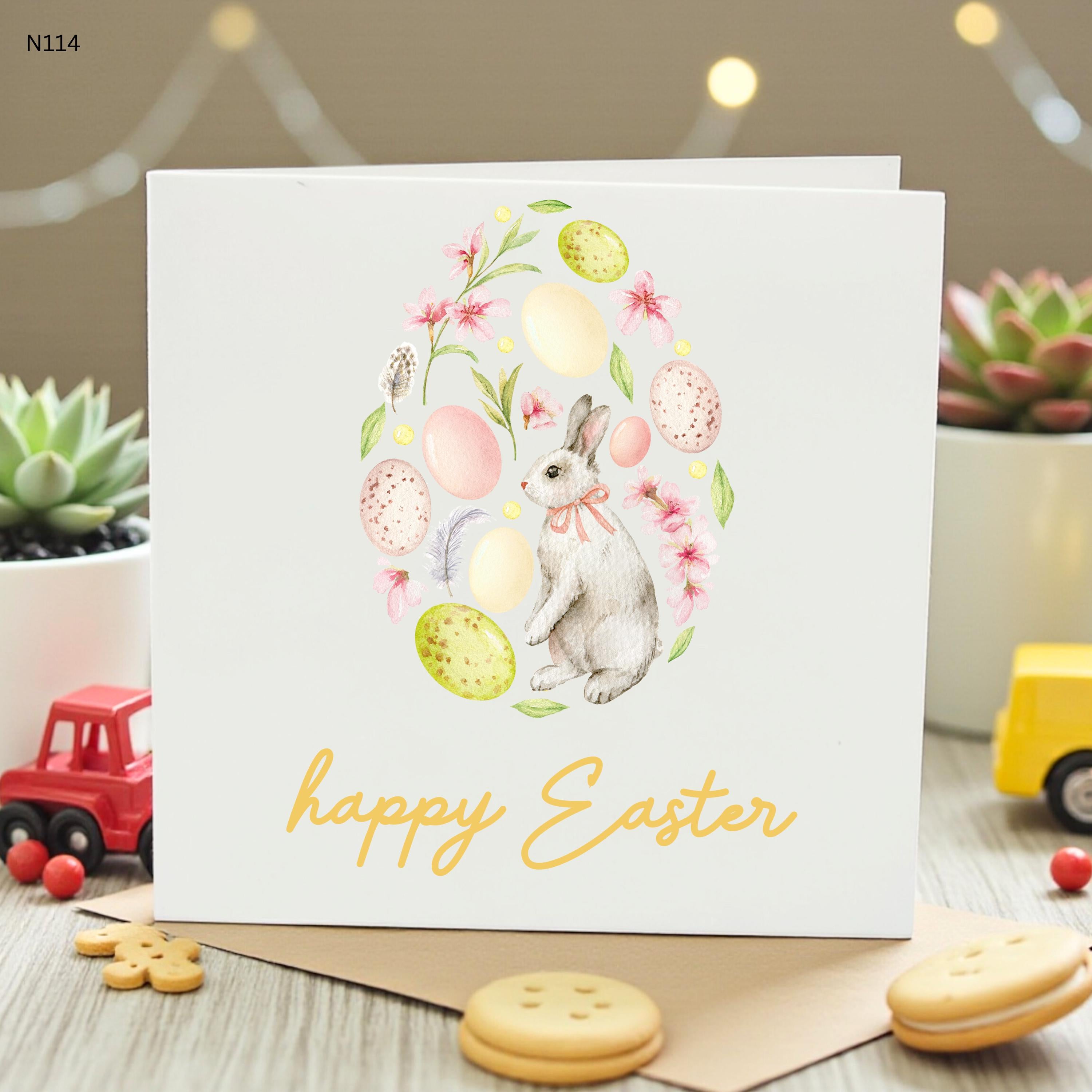 Happy Easter Card with Bunny and Easter Eggs, Floral Design, Personalised Greeting for Easter Celebration, Custom Easter Card 6x6