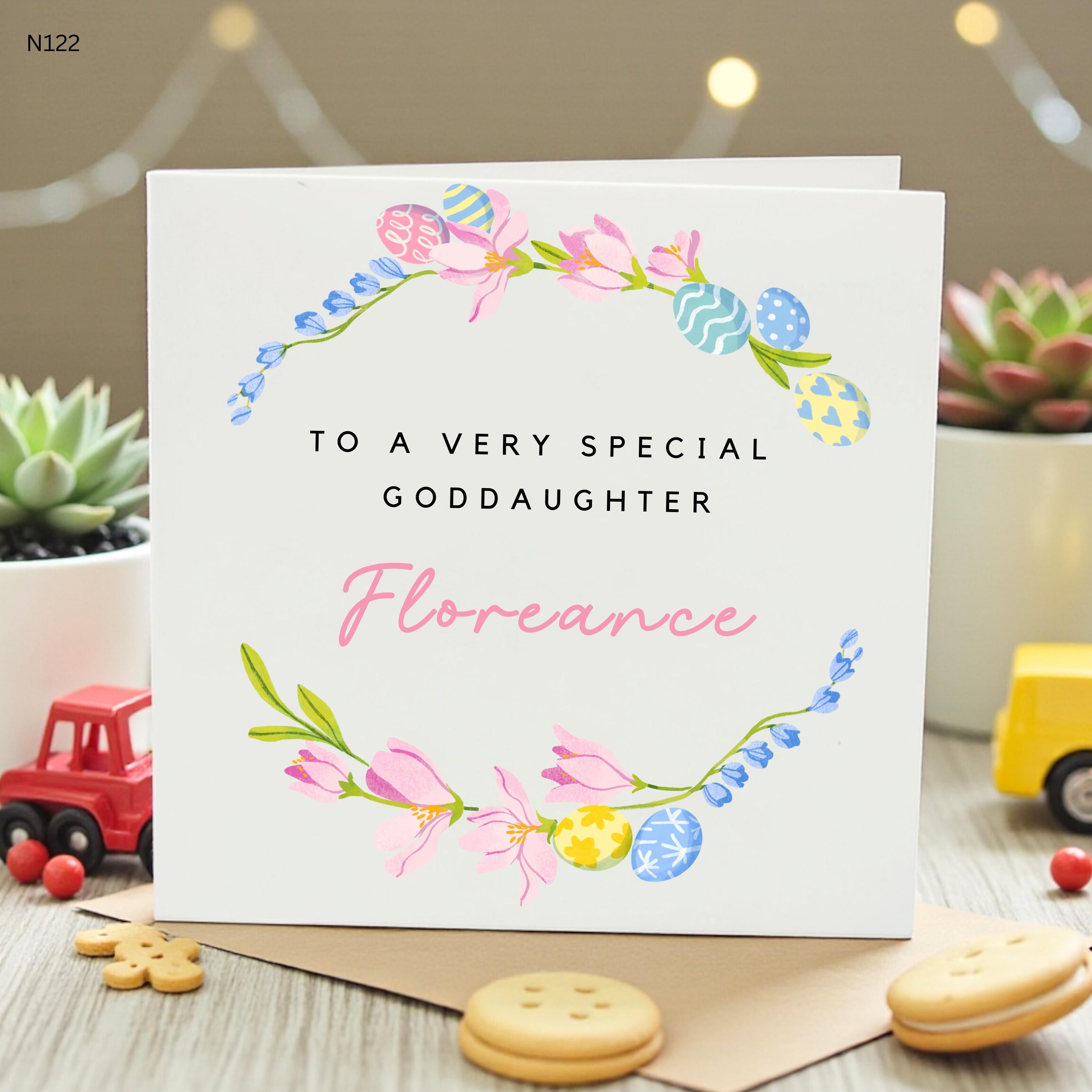 Happy Easter Card for Goddaughter, Floral Design with Easter Eggs, Personalised with Name, Perfect for Easter Celebration, Custom Card