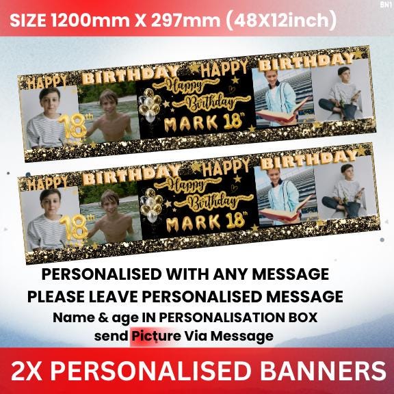 2x Personalised Birthday Photo Banners - 1st, 18th, 50th Party Decoration for Any Event