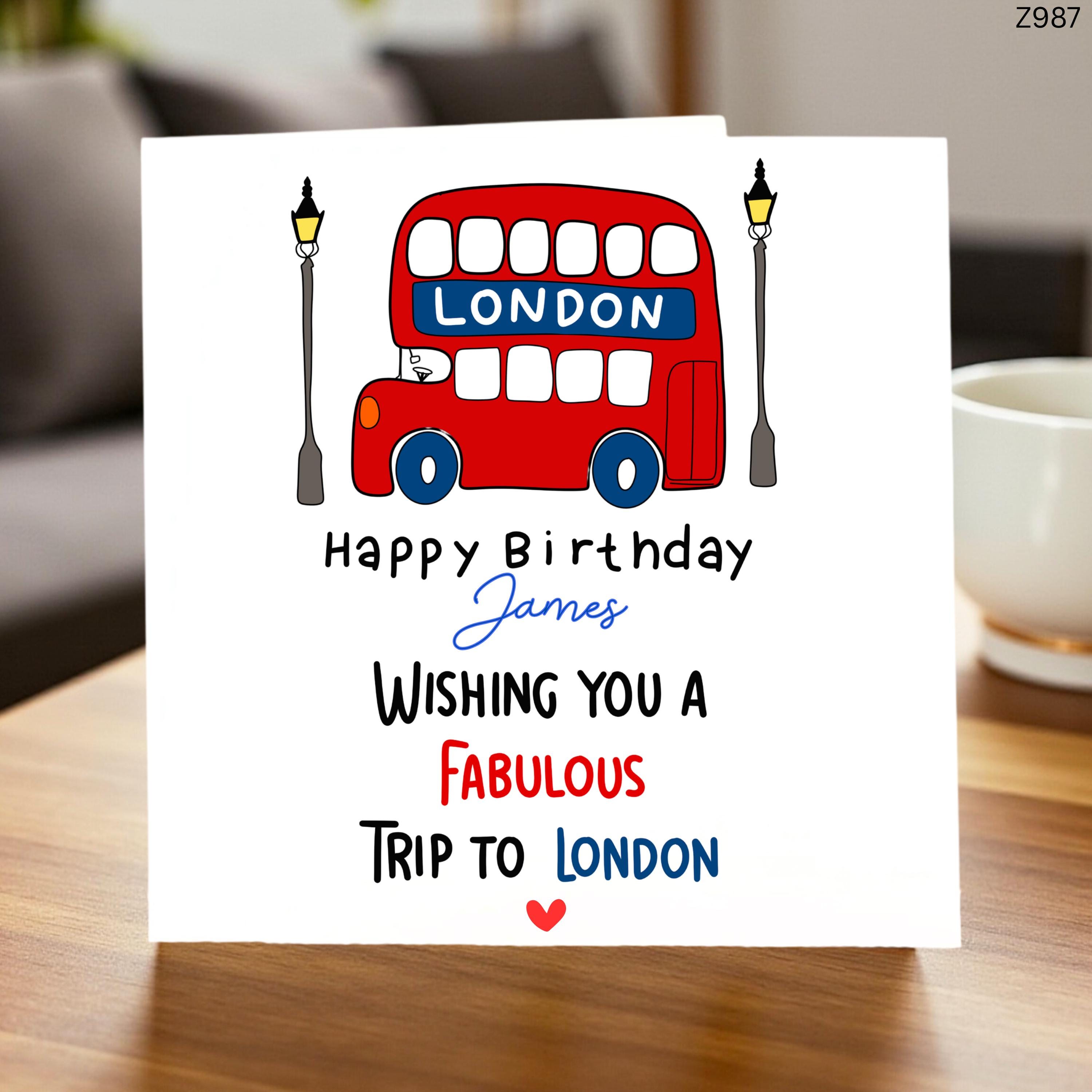Personalized London Birthday Trip Reveal Card, Custom Name Red Bus Greeting Card, Surprise England Vacation Announcement, Gift for James