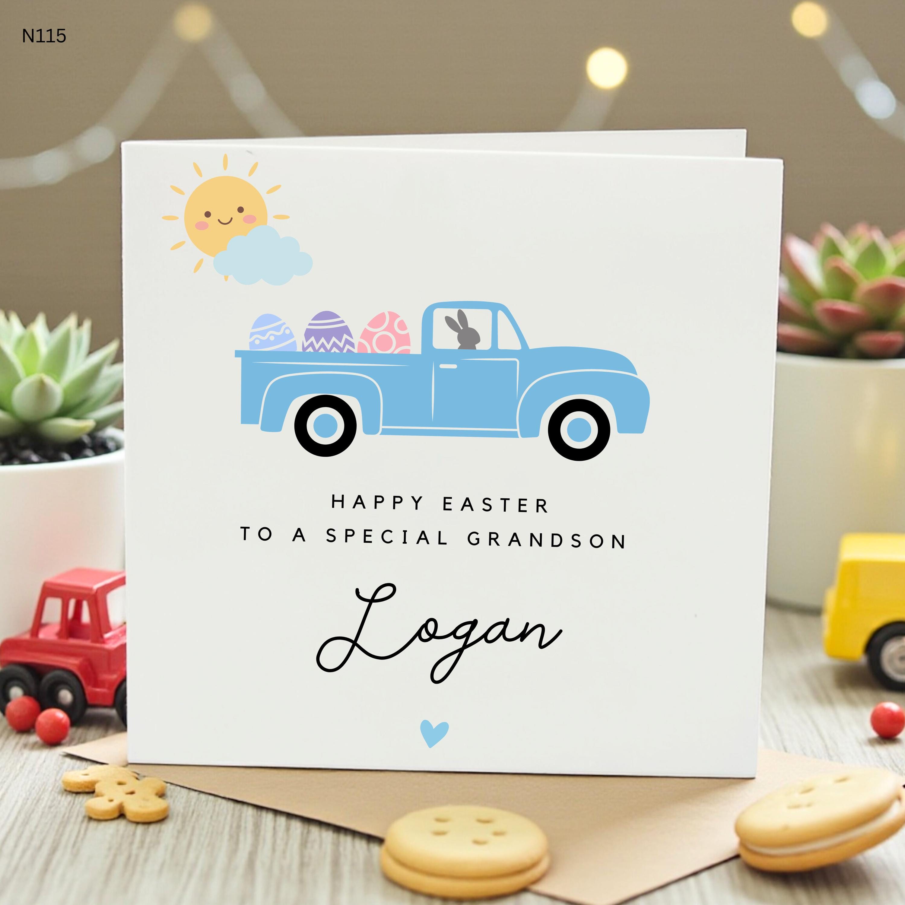 Happy Easter Card for Grandson, Cute Truck with Easter Eggs, Personalised with Name, Perfect for Easter Celebration, Custom Greeting Card