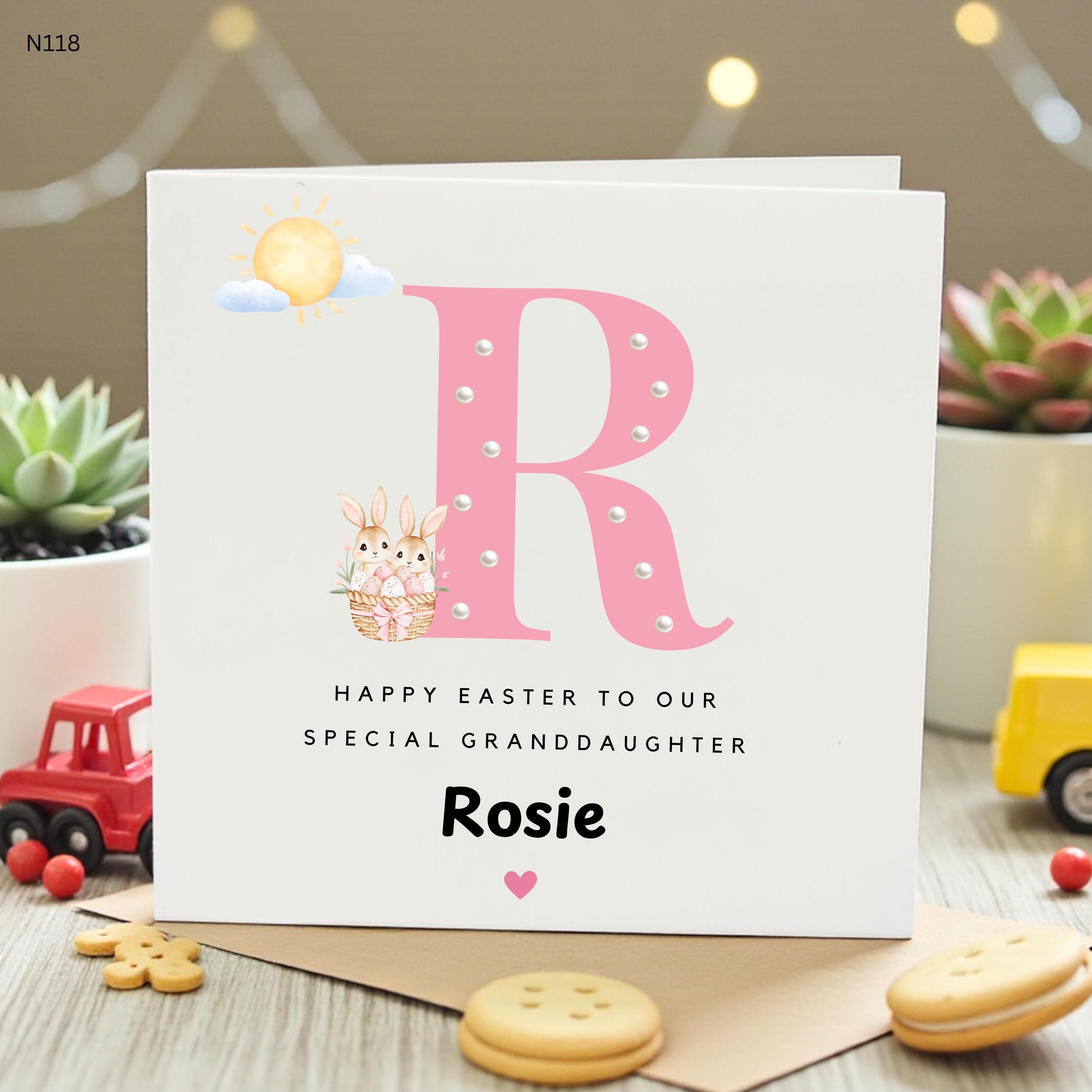 Happy Easter Card for Special Granddaughter, Cute Bunny with Letter R Design, Personalised with Name, Perfect for Easter Celebration 6x6