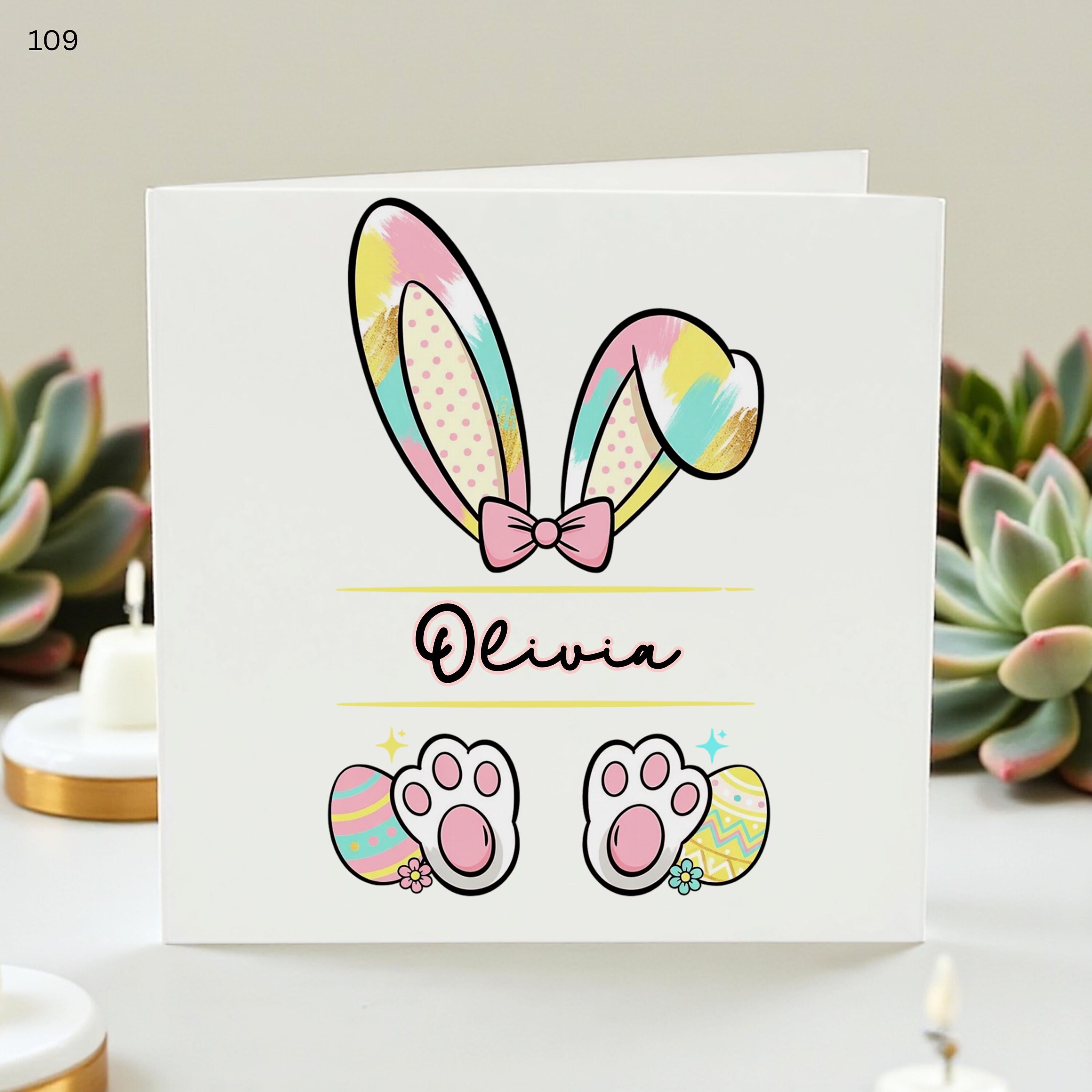 Personalised Easter Card for Kids, Custom Name Card, Bunny Ears Design, Cute Easter Gift, Kids Birthday, Bunny Paw Print