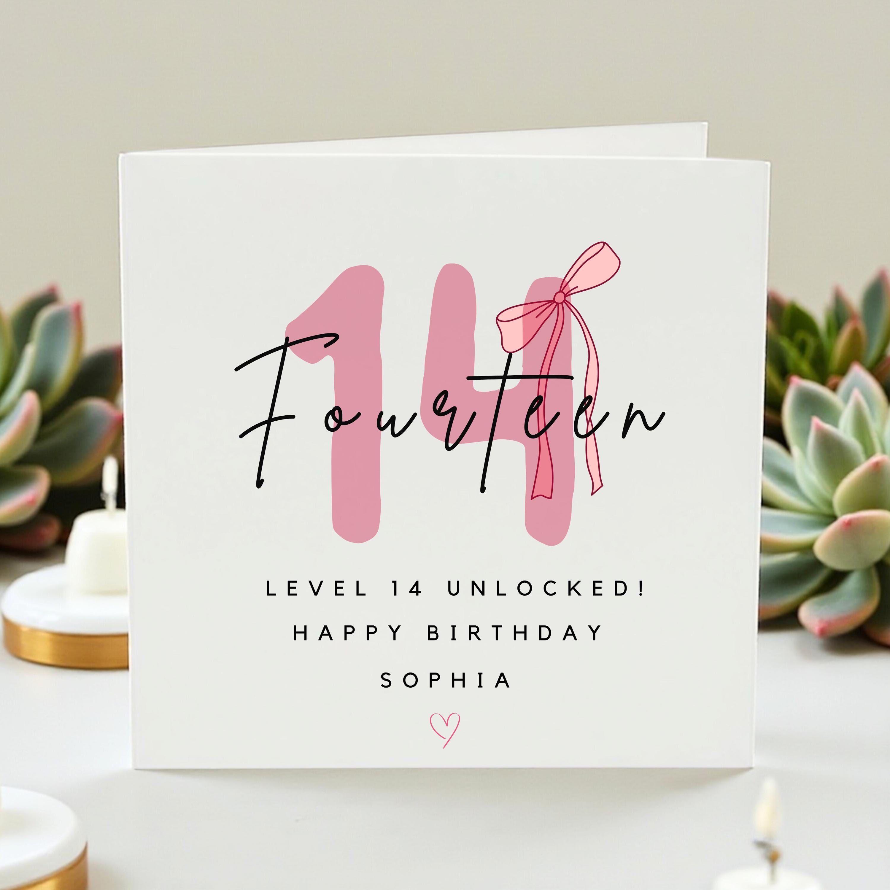 Personalized 14th Birthday Card for Girls - Level 14 Unlocked, Cute Pink Bow Fourteen Greeting Card, Custom Name Daughter Niece Gift, Sophia