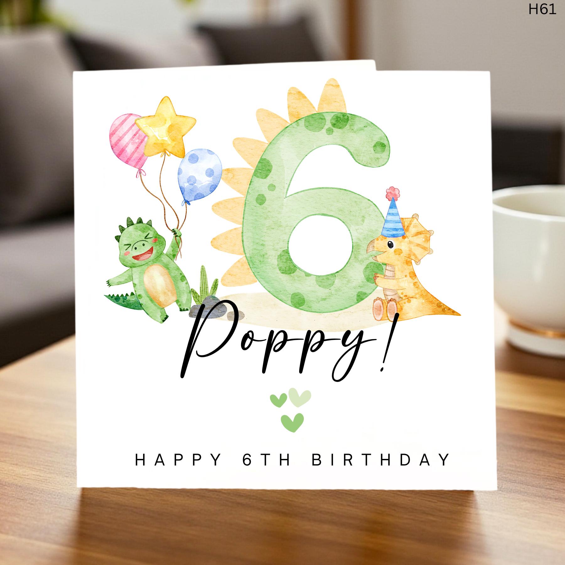 Personalized 6th Birthday Card Dinosaur Theme, Custom Name Age 6 Card for Girls or Boys, Watercolor Dino Birthday Gift for Daughter or Son