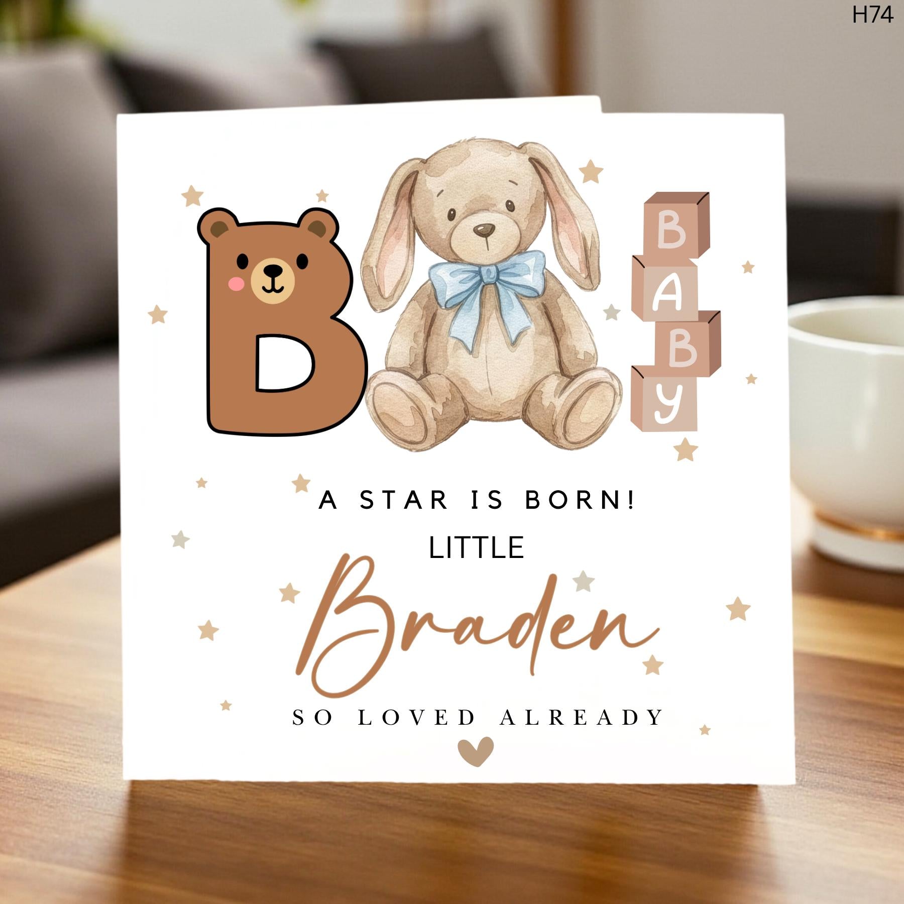 Personalized A Star is Born New Baby Card, Custom Name Braden Baby Boy Card, Cute Teddy Bear and Bunny New Arrival Gift,Welcome to the World