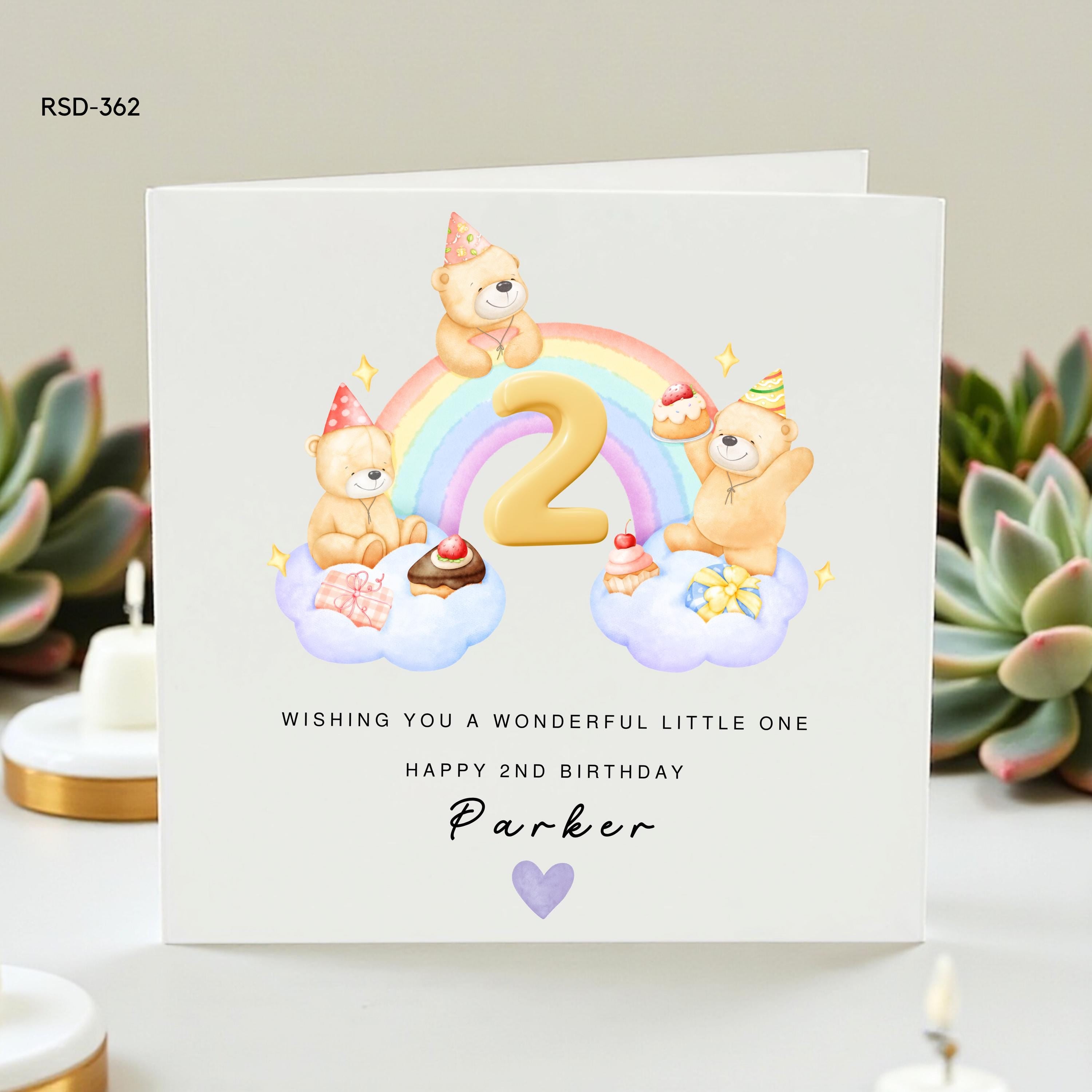 Personalized 2nd Birthday Card for Kids, Custom Name Little One Birthday Greeting, Cute Rainbow and Bear Design, Toddler Birthday Gift