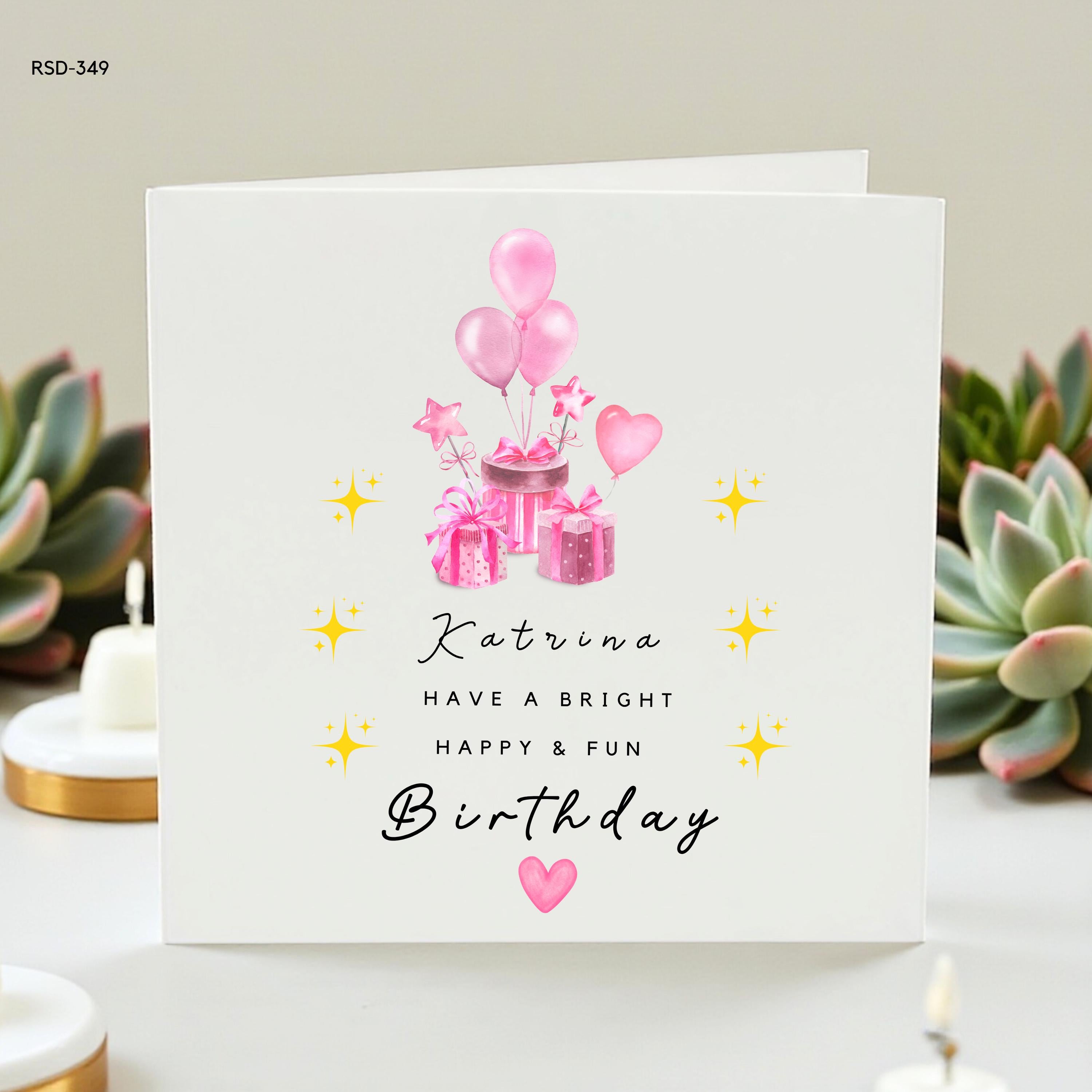 Personalized Birthday Card for Girls, Custom Name Greeting Card, Pink Balloons and Gifts Design, Fun Birthday Wishes, Keepsake Card