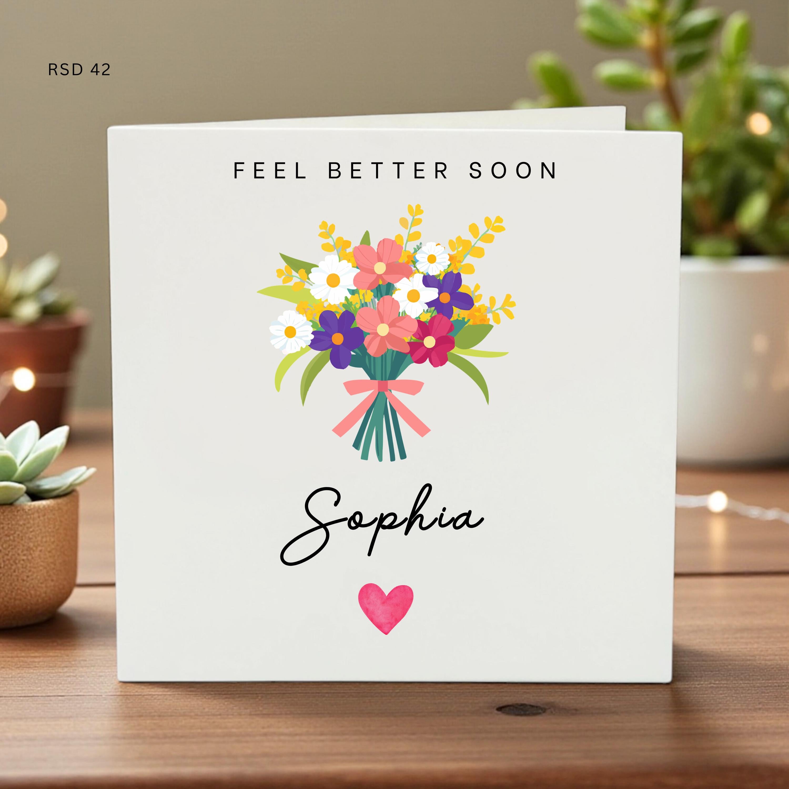 Personalized Get Well Soon Card Custom Name Feel Better Soon Note Bouquet Flowers Encouragement Card Friendship Care Greeting Card