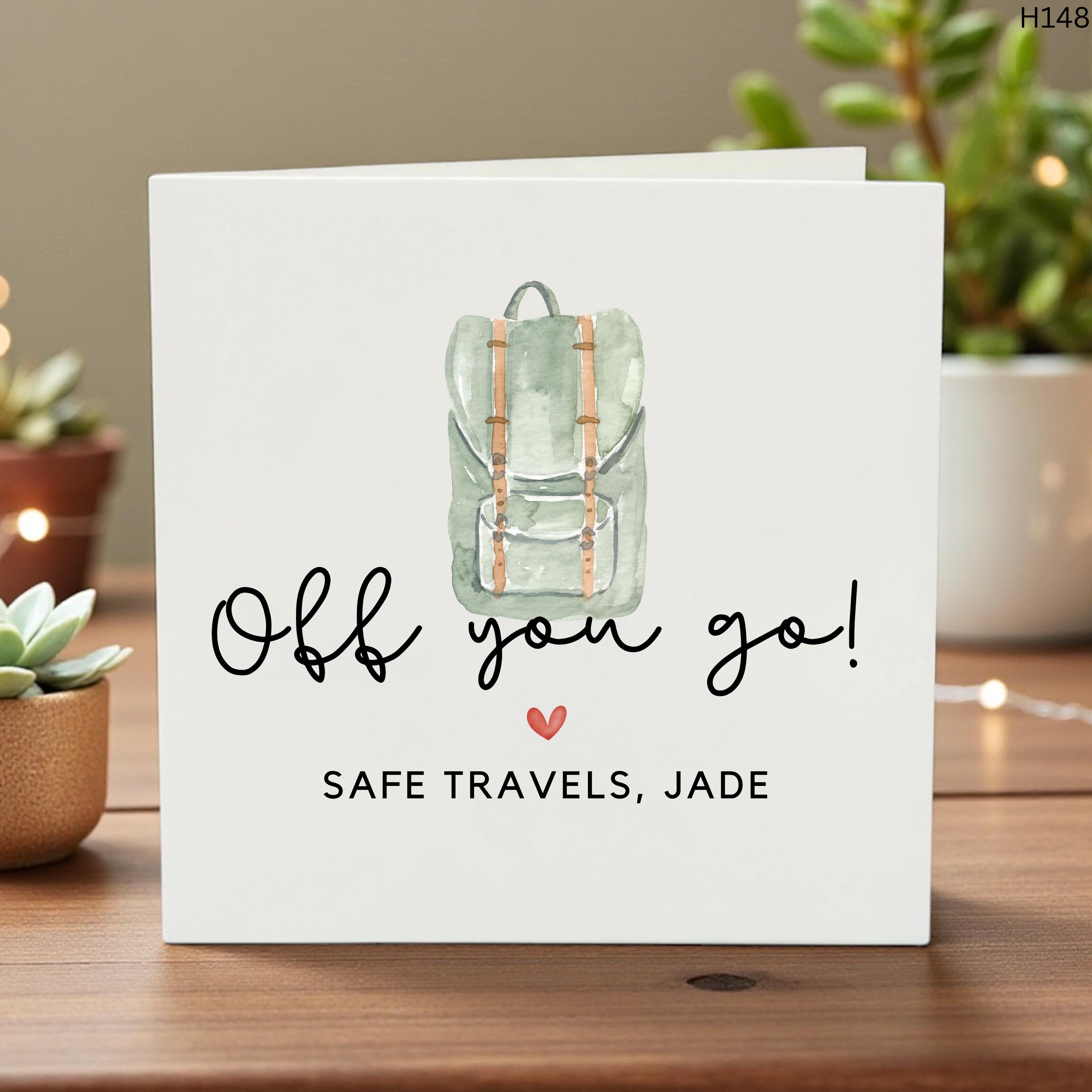 Personalized Off You Go Card Custom Name Travel Gift Backpack Illustration Bon Voyage Card Moving Abroad Card for Friend Gap Year Trip Gift