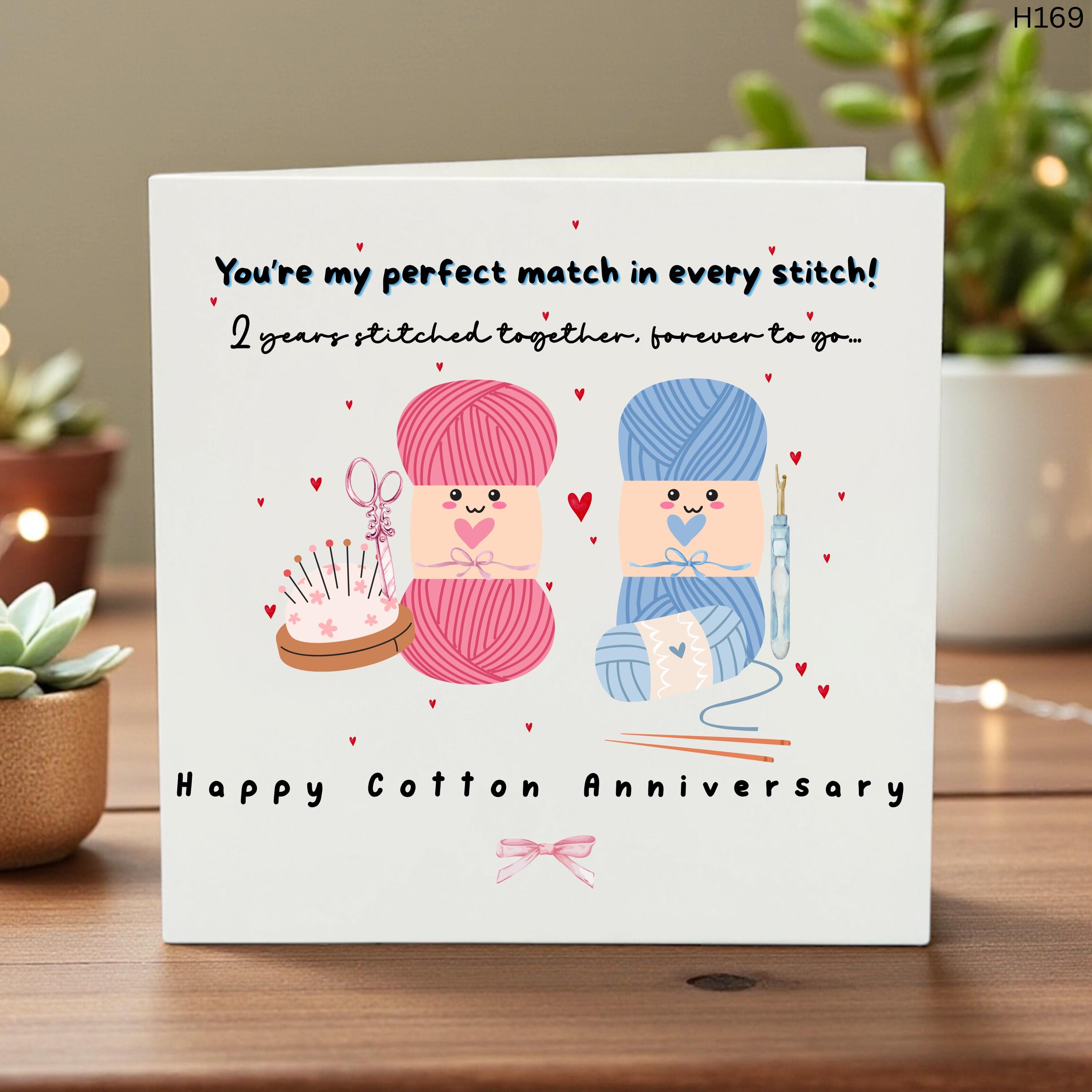 2nd Wedding Anniversary Card, Cotton Anniversary Gift for Him or Her, Two Year Anniversary, Cute Yarn Love Card, Traditional 2 Year Greeting