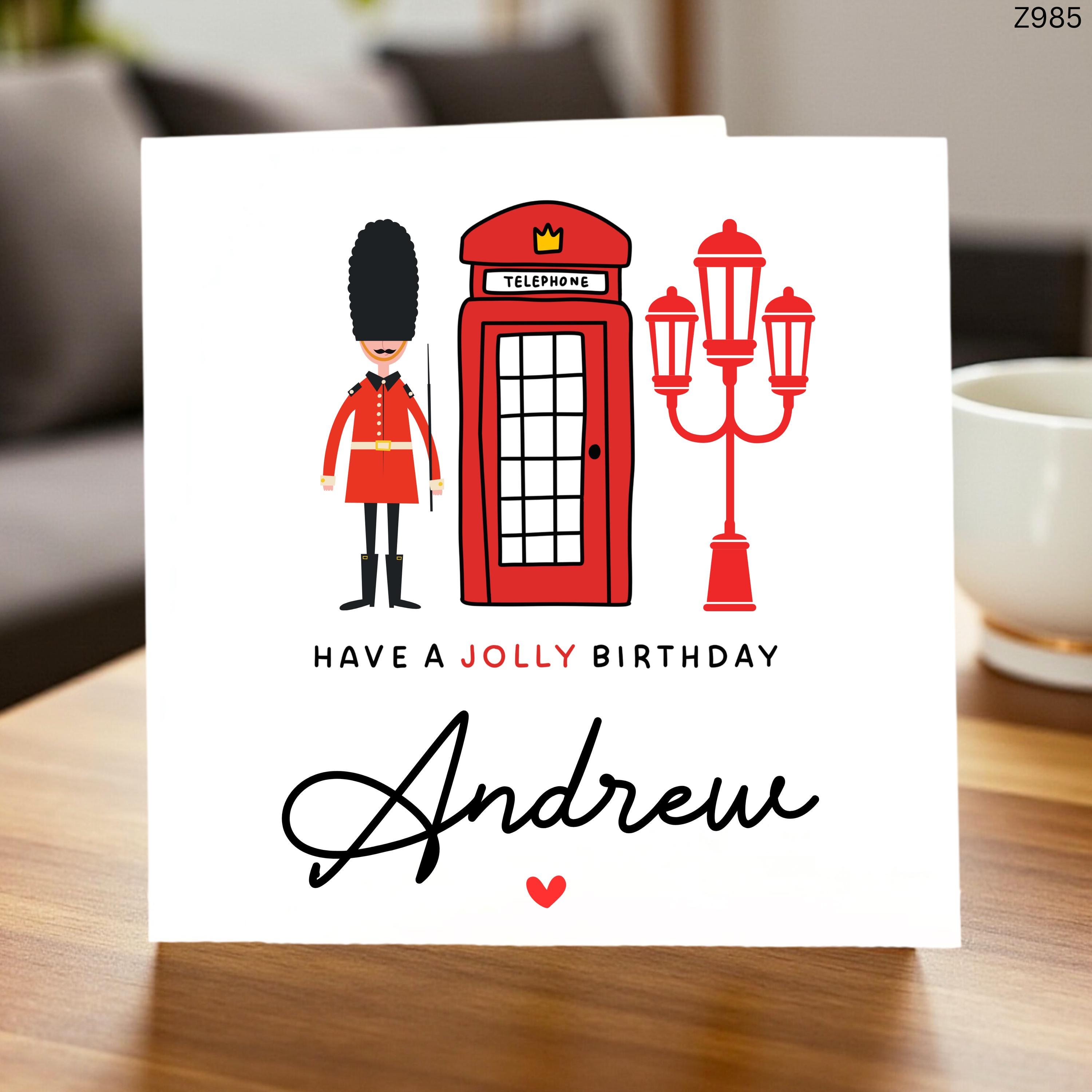 Personalized London Birthday Card, Custom Name Jolly Birthday King's Guard & Telephone Box Greeting Card, British Theme Gift for Andrew