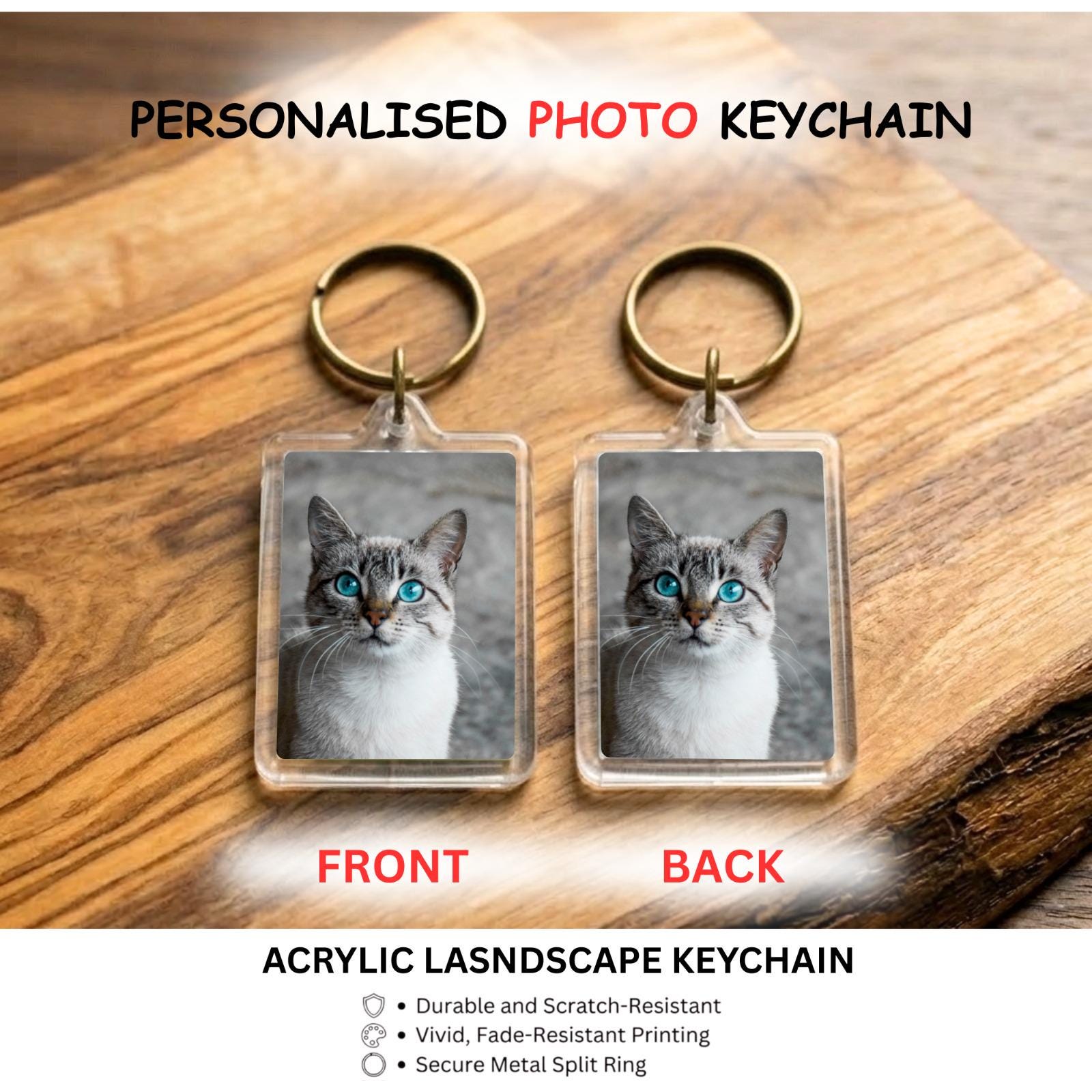Personalised Double-Sided Acrylic Landscape Photo Keychain with Metal Split Ring